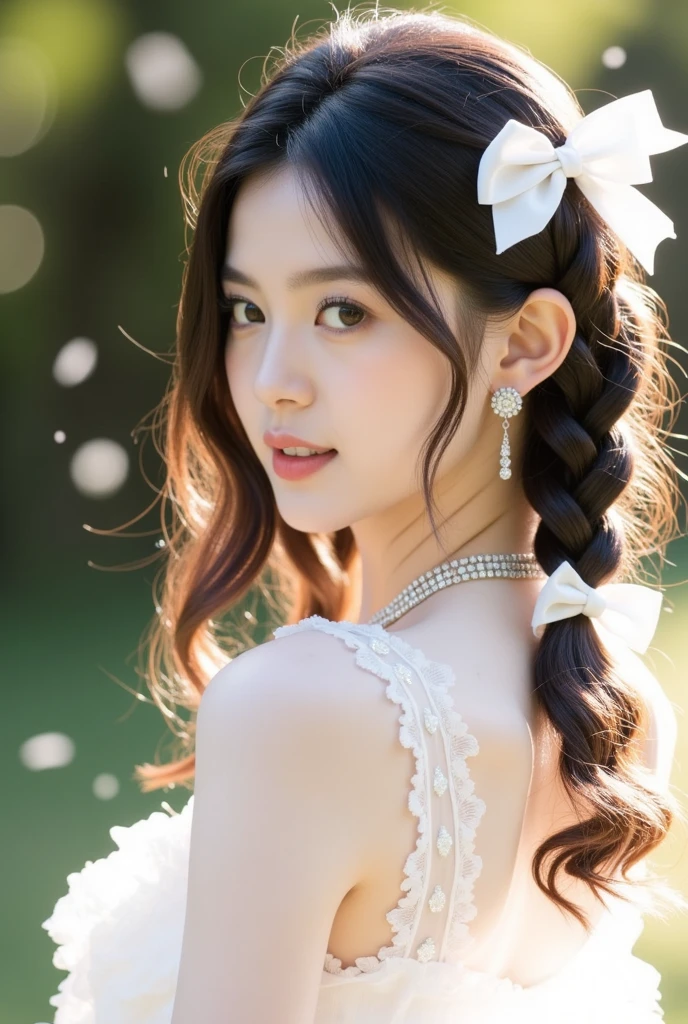 Focus on people。Create and express the best shining composition of the person in a realistic way。((masterpiece))、(((top-quality)))、((ultra-detailliert))、(A hyper-realistic)、(highly detailed CGillustration)、(extremely delicate and beautiful)、Girl a masterpiece、top-quality、Realistic skin feeling、Realistic fabric、We will introduce a realist illustration focusing on the center front of girls with realistic and ultra-detailed eyes.。This is the absolute rule, and the following sentence expresses the image quality。 The greatest painter in human history meets an unparalleled beauty、It is the greatest masterpiece in the history of the Inuiku Ichigo, which depicts the most beautiful figure of a lifetime.。 Create stunning anime artwork that is currently trending on seaStation、Introducing exquisite beauty and seductive aesthetics。Hair is tied up、White pesant dress with detailed floral embroidery、The background is outdoors