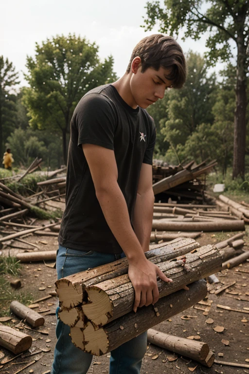 Boy moving a large log 