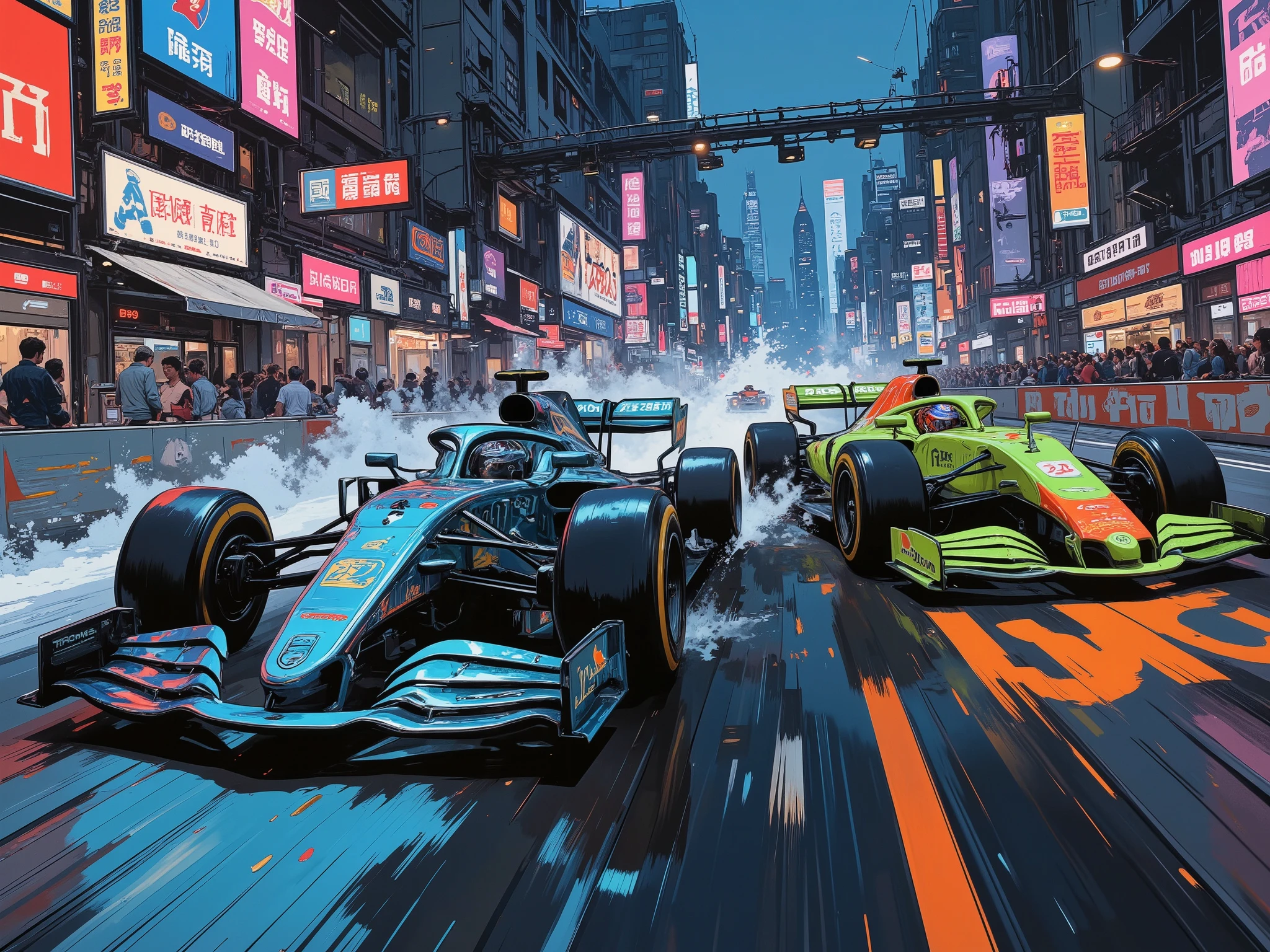 "Futuristic-style (high-octane night race:1.4), depicting an electrifying Formula 1 race under the dazzling lights of a nocturnal circuit. Two rival cars are locked in an intense battle for first place, each driver pushing their limits on the final lap of the championship.
The first car is a sleek blue chrome masterpiece, adorned with intricate sponsor logos and patterns in silver and gold (reflective details:1.3). Its glossy body glints under the floodlights as it powers through the corner with precision and raw speed. The second car is a bold lime green racer, featuring striking orange sponsor logos and chrome silver accents (dynamic design:1.3). The car blurs past the camera, leaving a vivid streak of neon green and orange in its wake.
The track is alive with motion, illuminated by vibrant neon lights and a roaring crowd in the background (adrenaline-charged atmosphere:1.2). Sparks fly as the cars scrape dangerously close to the barriers, while tire marks on the asphalt tell the story of an unforgiving battle. (Atmospheric details:1.3) include reflections of the city skyline shimmering in the sleek bodies of the cars, glowing exhaust trails, and the raw intensity of engines roaring under the night sky. The scene captures the heart-stopping climax of the grand prix, embodying speed, competition, and unrelenting determination.
Style: hyper-detailed, vibrant neon lighting, cinematic motion blur, bold contrasts, and an atmosphere teeming with energy and adrenaline."