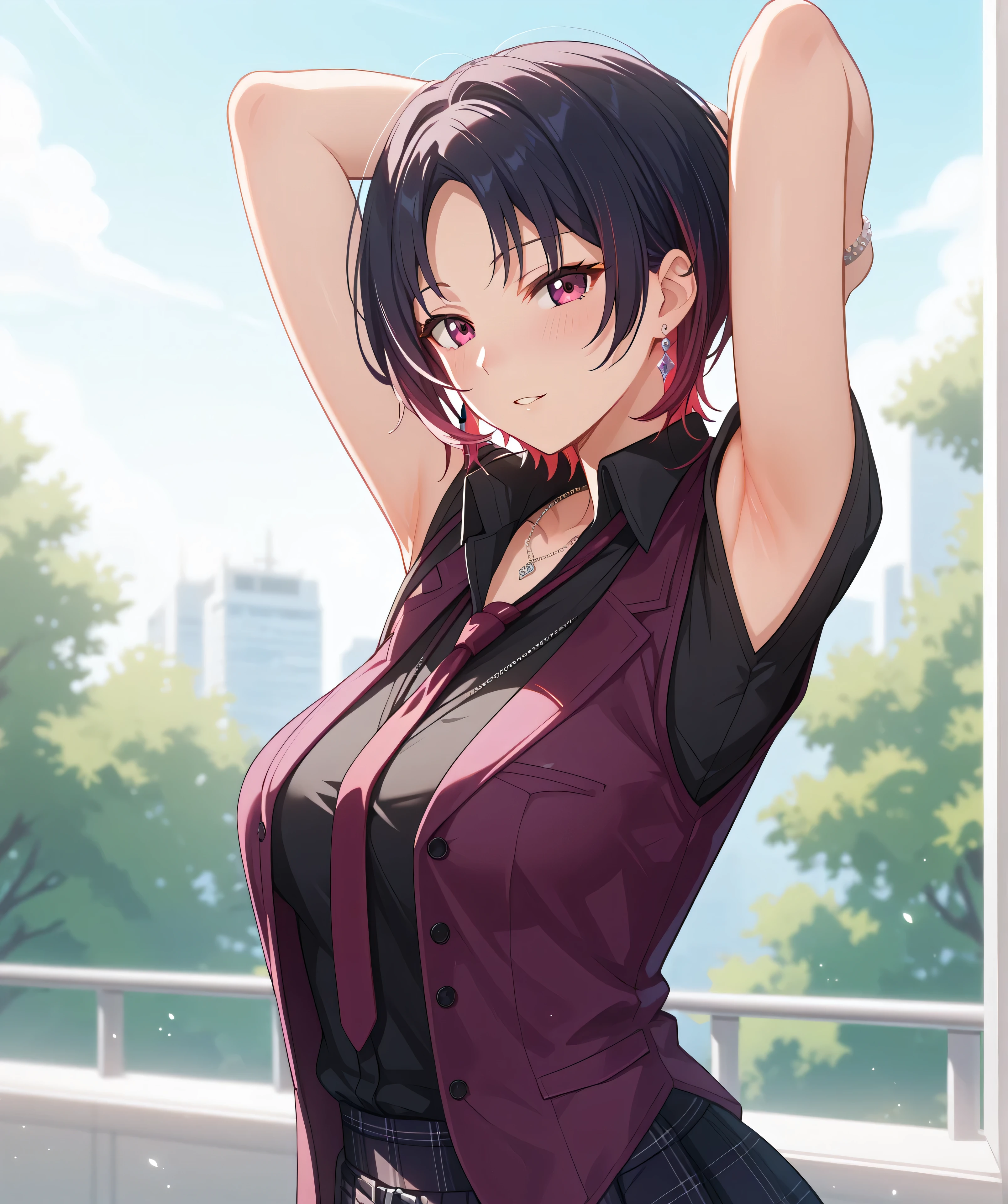 anime coloring, anime screencap,master piece、Best Quality,Super detailed,High resolution,Extremely detailed CG,Unity 8K Wallpaper,weat,score_9, score_8_up, score_7_up, score_6_up, score_5_up, score_4_up, source_anime,RenDefault, multicolored hair, short hair, parted bangs, earrings, necklace, black shirt, collared shirt, purple necktie, purple vest,  microskirt,mature female、armpit focus　