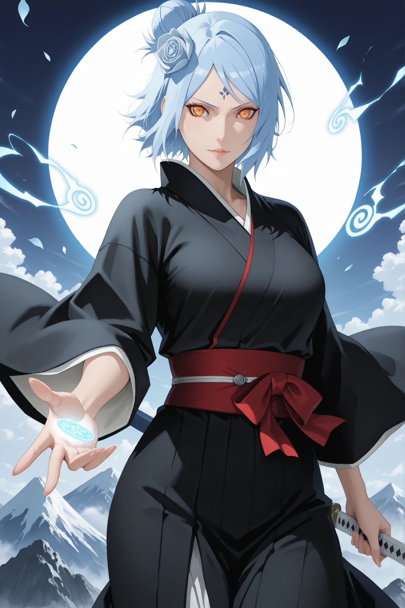 Masterpiece, ultra-detailed, beautiful, 4K, HD, perfect lighting, best quality, detailed face, perfect hands, perfect eyes, realistic skin texture, realism, score_9, score_8_up, score_7_up, 2D art. ((Cowboy shot)), Konan from Naruto reimagined as a Bleach Shinigami, light blue hair styled in a neat single bun with a delicate flower ornament, amber eyes glowing softly with spiritual energy, short hair framing her face elegantly. Wearing a high-collared black kimono with intricate blue and silver accents symbolizing ancient knowledge, layered with a flowing robe that emits faint reiatsu threads resembling paper. 1woman, 30yo, adult, petite build, medium breasts, poised and confident stance, calm and collected demeanor, sharp gaze, ((mature woman)), intelligent, strategic, emotionally guarded, slightly mysterious. Holding her Zanpakutō glowing with ō energy, reiatsu aura shaped like flowing paper and mystical runes, surrounded by ethereal floating sigils and faint spiritual light. On top of a mountain in a traditional Japanese setting with ukiyo-style art elements, Seireitei background, shrouded in mist and spiritual presence, exuding authority and quiet wisdom