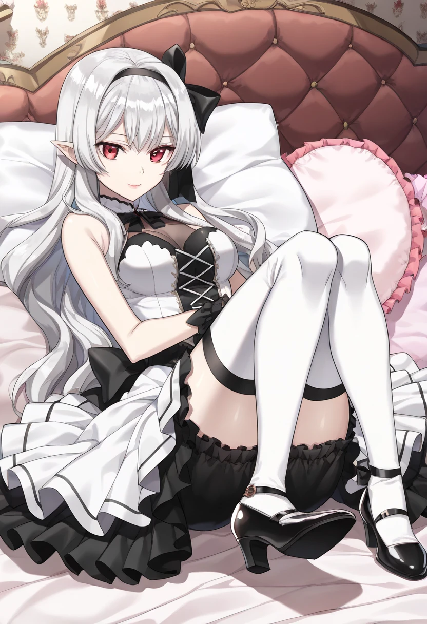 masterpiece, best quality,veibae, 1girl, thighhighs, horns, no shoes, solo, gloves, long hair, tail, demon horns, wings, demon tail, looking at viewer, black panties, virtual youtuber, panties, underwear, indoors, demon wings, demon girl, pointy ears, feet, white gloves, maid headdress, garter straps, ahoge, very long hair, window, dress, asymmetrical legwear, bangs, red wings, purple eyes, mismatched legwear, frills