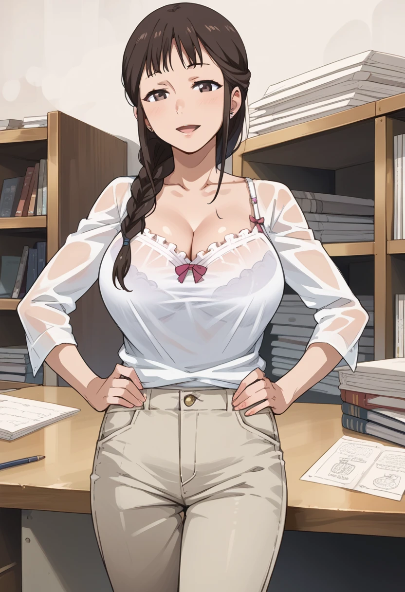 absurd, High resolution, Super detailed, high quality, (1 Girl:1.3), east manga king's School uniform, Huge breasts(((Large Breasts、Low-cut,Cleavage, Wide hips,)))(Long legs) (Wide hips), Brown eyes, brown hair, Glasses, Suwon Calendar, east manga king, long hair, Long sleeve, Pink shirt, Pleated Skirt, Red Skirt, , Setofuku, frown, Wide hips, High Leg Raise, Chest Curtain, curved, No, Huge breasts, thick thigh, thigh, classroom, masterpiece, clavicle, Large Breasts, blush, indoors, Blurred background, Big buttocks, Huge ass, locker room, School, Awkward, Change her underwear, No clothes