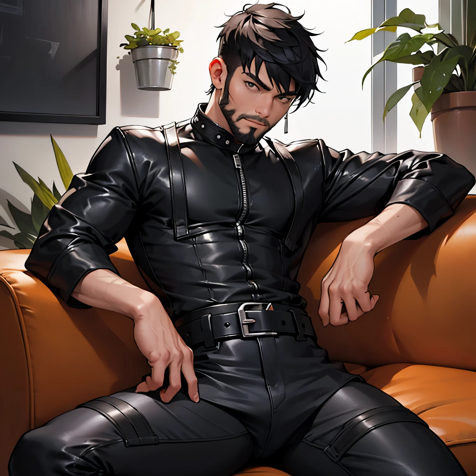 Anime Sexy Man, Guy with dark hair, Black T-shirt, Tattoos, hearts, leather tight pants