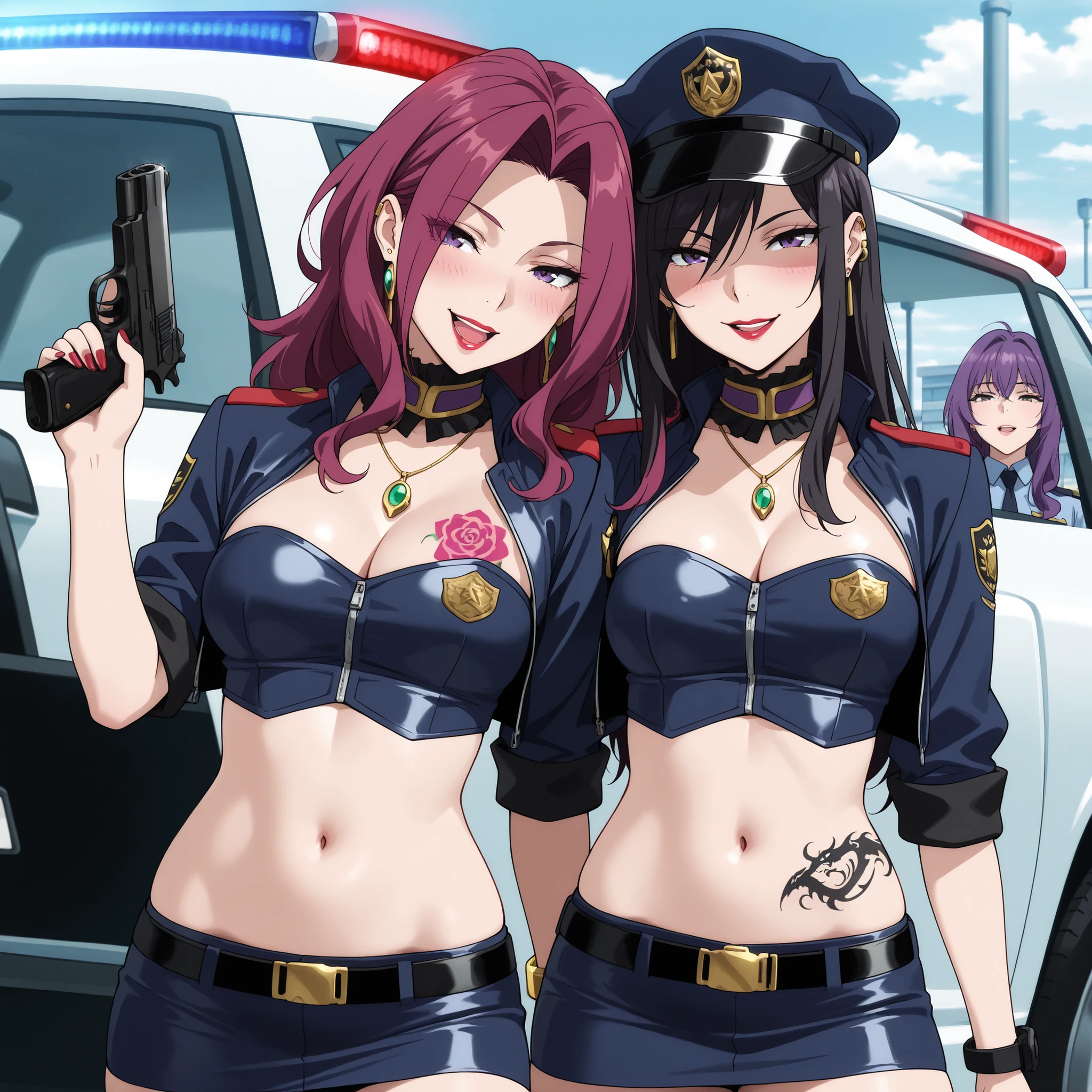 mature female , 2girls , two girls, long hair, high detailed, best quality, ,red lipstick ,medium breasts,, milf, necklace ,,, ear piercing, long hair, blush, lipstick,Hot girl, baddie, smoking, sensual, attractive ,masterpiece, best quality, highly detailed, a girl in police uniforms , police outfit, military outfit, open
mouth, cleavage, evil smile, smile, (nsfw) not safe for work, official artwork, , beautiful girl, micro
pencil
skirt, pencil skirt, micro skirt, exposedbelly, exposed navel, exposed midriff, exposed lower belly, holdi
ng a gun, holding pistol,next to police car,police station, police car, , dragon tattoo, narrowed eyes, tattoo midriff, looking at wiewer, black hair, purple hair