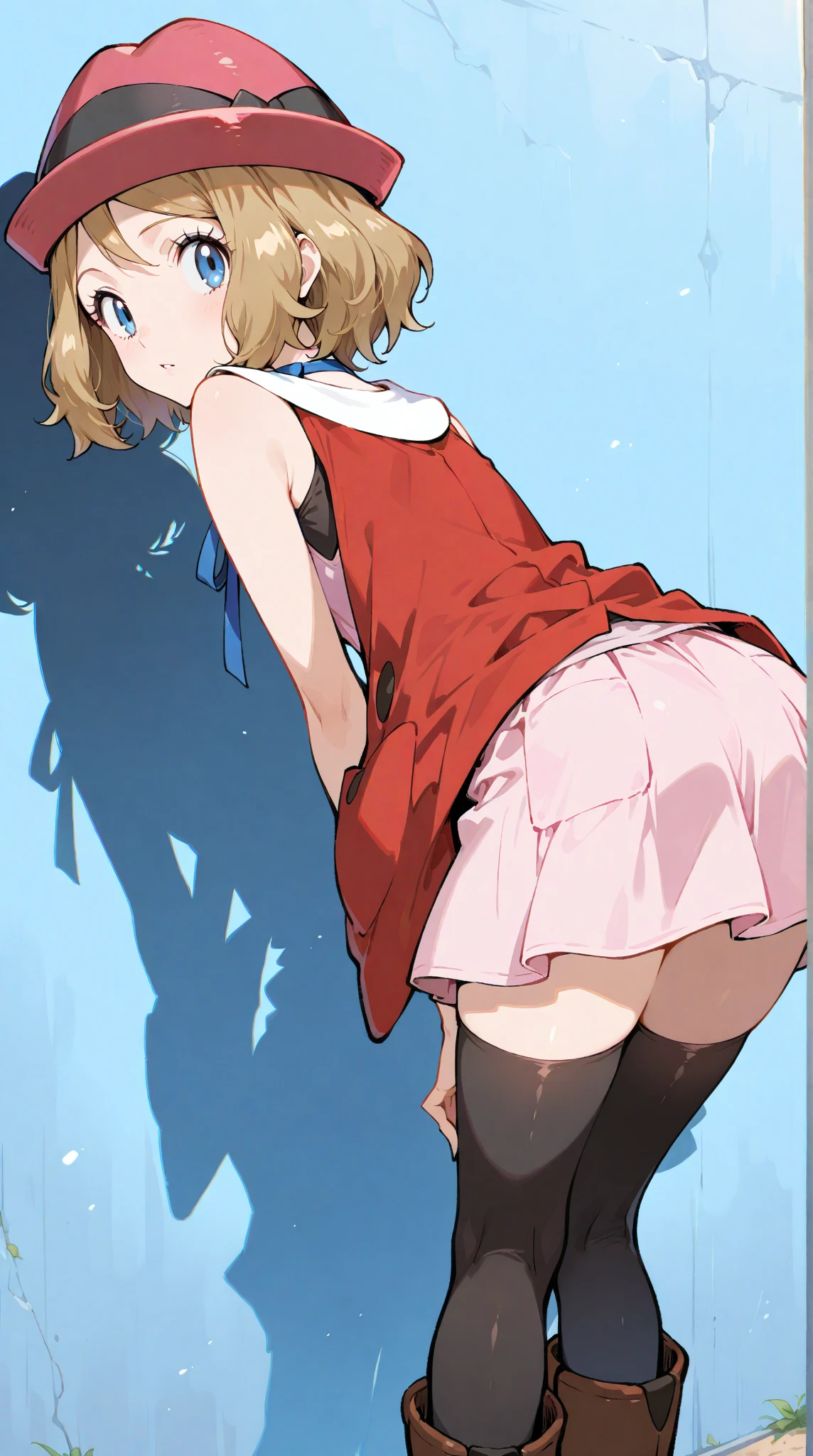 masterpiece, best quality, highres, serena \(pokemon\), short hair, blue eyes, 1girl, solo, blue ribbon, eyelashes, black thighhighs, neck ribbon, sleeveless, bangs, collarbone, pink headwear, bare arms, pink dress, red coat, indoors, bedroom, full body, skirt lift, white panties, blush, nose blush, (cameltoe:1.2), smile, masterpiece, 8k, beautiful detailed face, wet panties,standing, open mouth, from behind, bent over, bending over, butt focus,