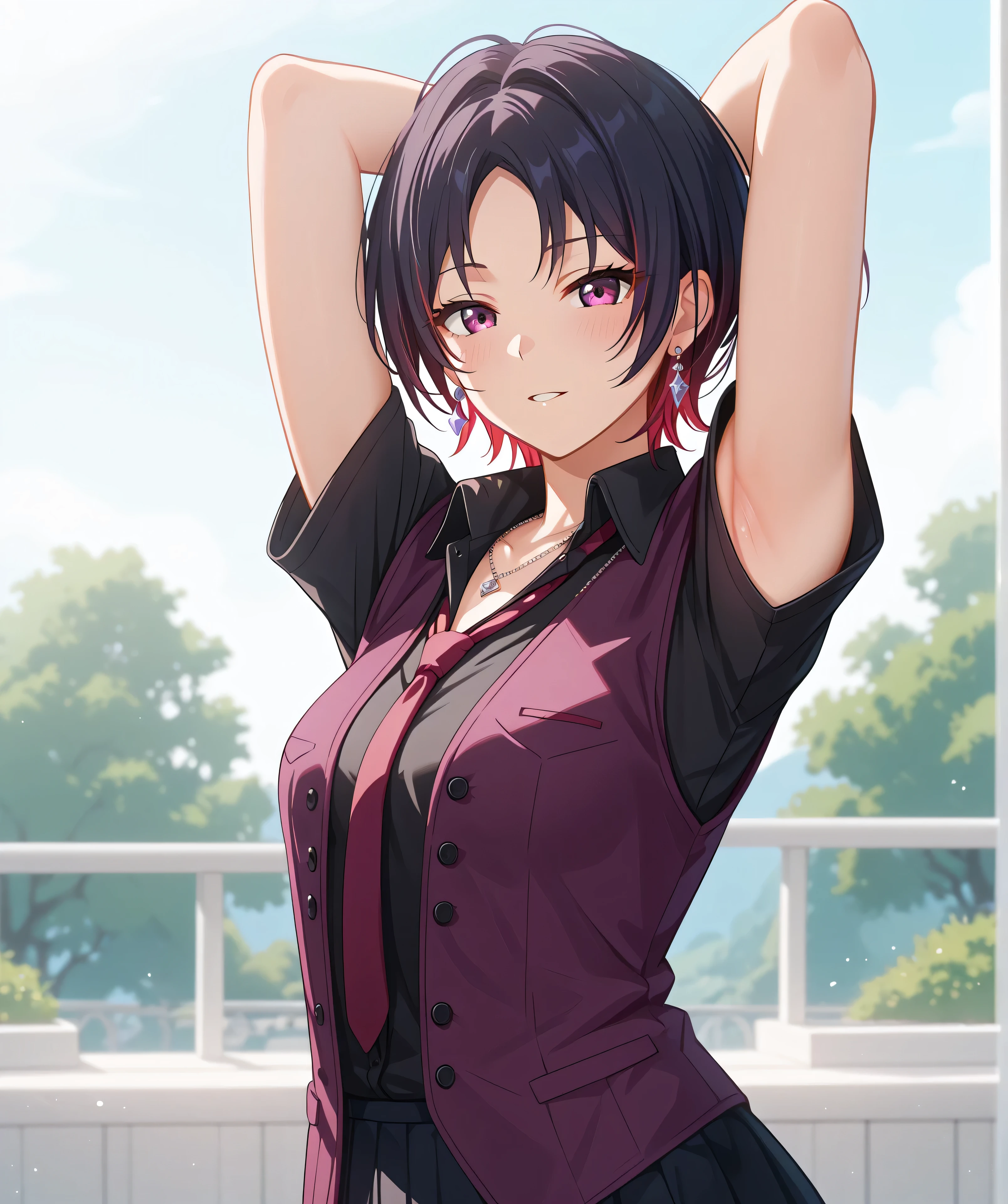 anime coloring, anime screencap,master piece、Best Quality,Super detailed,High resolution,Extremely detailed CG,Unity 8K Wallpaper,weat,score_9, score_8_up, score_7_up, score_6_up, score_5_up, score_4_up, source_anime,RenDefault, multicolored hair, short hair, parted bangs, earrings, necklace, black shirt, collared shirt, purple necktie, purple vest, microskirt,mature female、armpit focus,small breasts