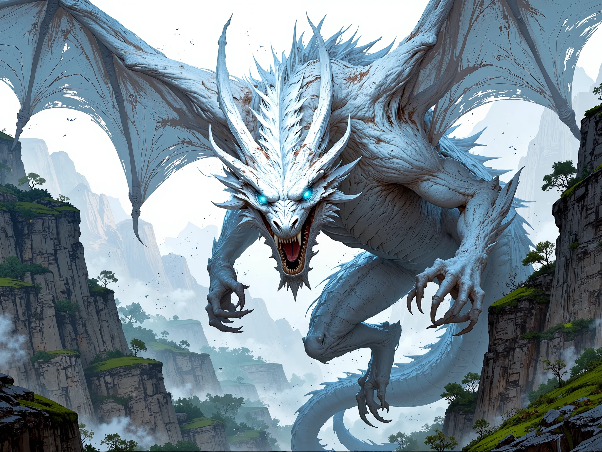 ((FULL BODY)), blue-eyed white dragon, very white dragon flying over forest mountains and enraged with its light blue eyes, RPG character, 4k, Unreal engine, intricate, highly detailed, beautiful lighting, advanced quality, 8k, trending artstation, professional, dramatic, illustration, high quality, beautiful character, Premium portrait, F/22, symmetrical and dynamic poses, RPG, masterwork, advanced quality , beautiful lighting.