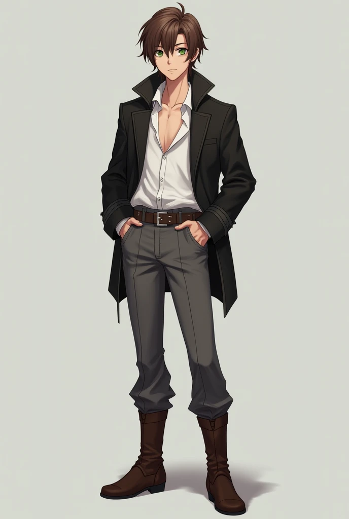 ((masterpiece, best quality)),(illustration),(detailedlight),((anextremelydelicateandbeautiful)),a leather brown jacket with fur collar, black tank top, dark grey pants with chained belts and shoes, smiling, black anime short length hair, handsome
He's a asian male that stands at 6'1"ft, 180lbs.
Has a atheltic build with some of muscle, 6 pack abs, dark brown hair, orange eyes, faded hair cur