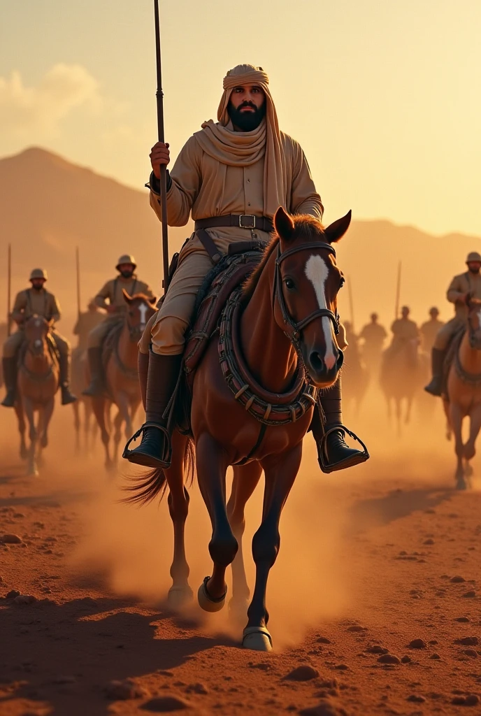 An army of african people some on horses and some not in front a king with a horse fully armed