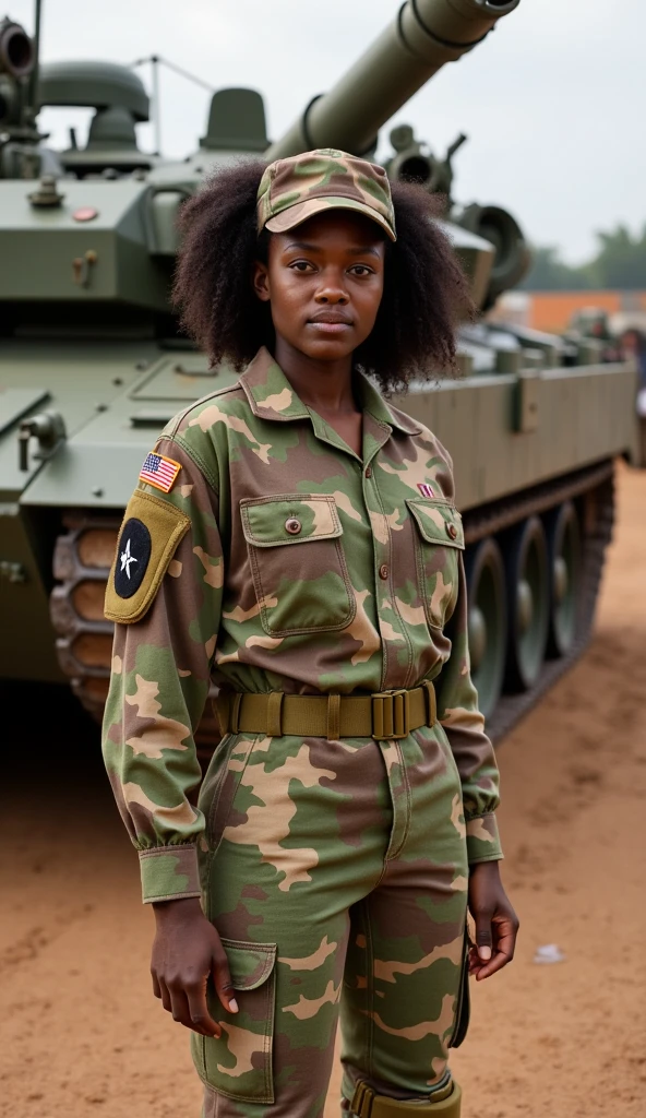 best quality, masterpiece, 8k HDR RAW photo, photorealistic: 1.4, commercial photography of a beautiful young black African woman, perfect fitness body, glowing skin, photographed with Kodak portra 400, ambient light, in safari suit, standing by a military jeep, full body shot, film grain,
clear detail, beautiful_hld_face,