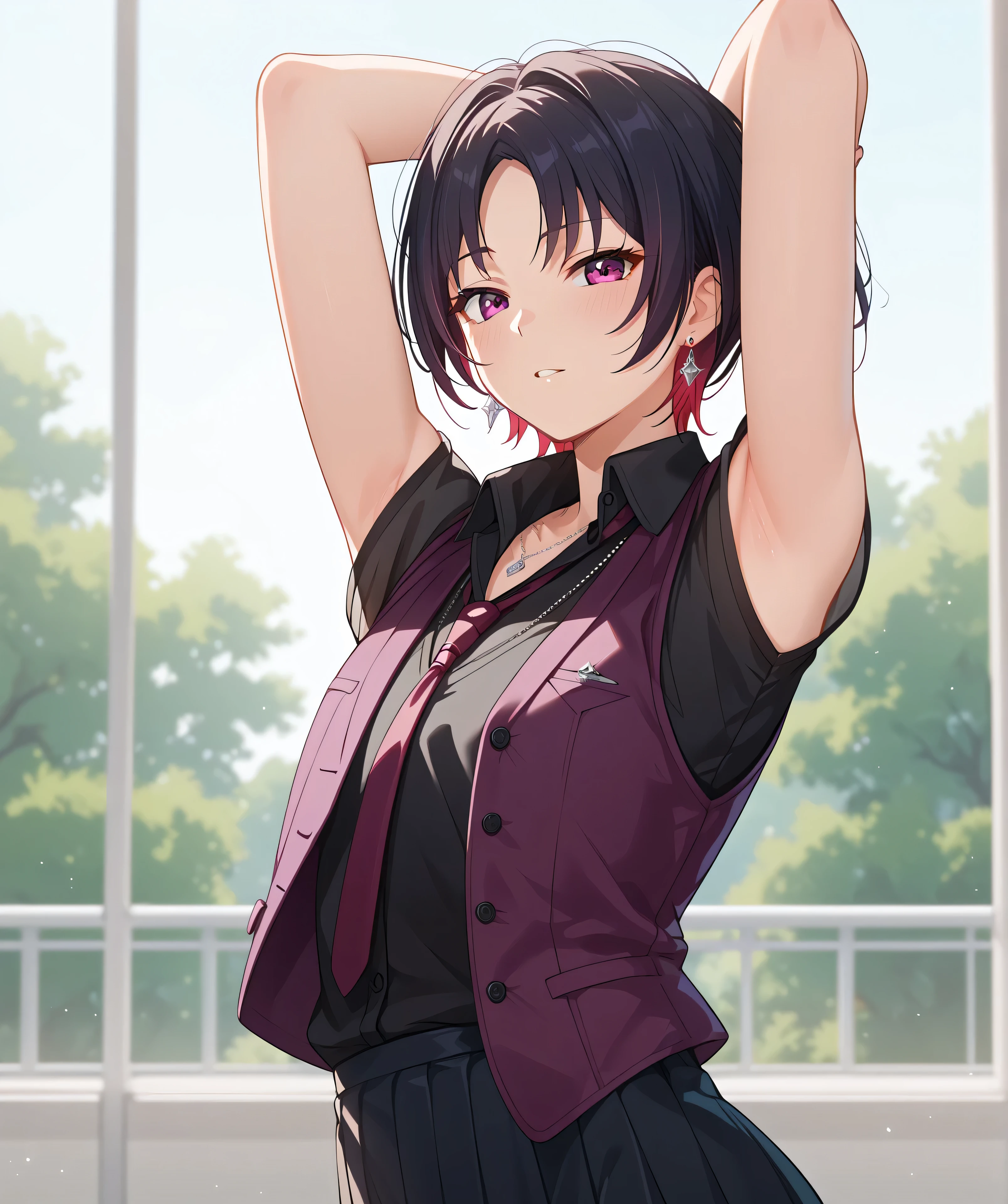 anime coloring, anime screencap,master piece、Best Quality,Super detailed,High resolution,Extremely detailed CG,Unity 8K Wallpaper,weat,score_9, score_8_up, score_7_up, score_6_up, score_5_up, score_4_up, source_anime,RenDefault, multicolored hair, short hair, parted bangs, earrings, necklace, black shirt, collared shirt, purple necktie, purple vest, microskirt,mature female、armpit focus,flat chest,snfw