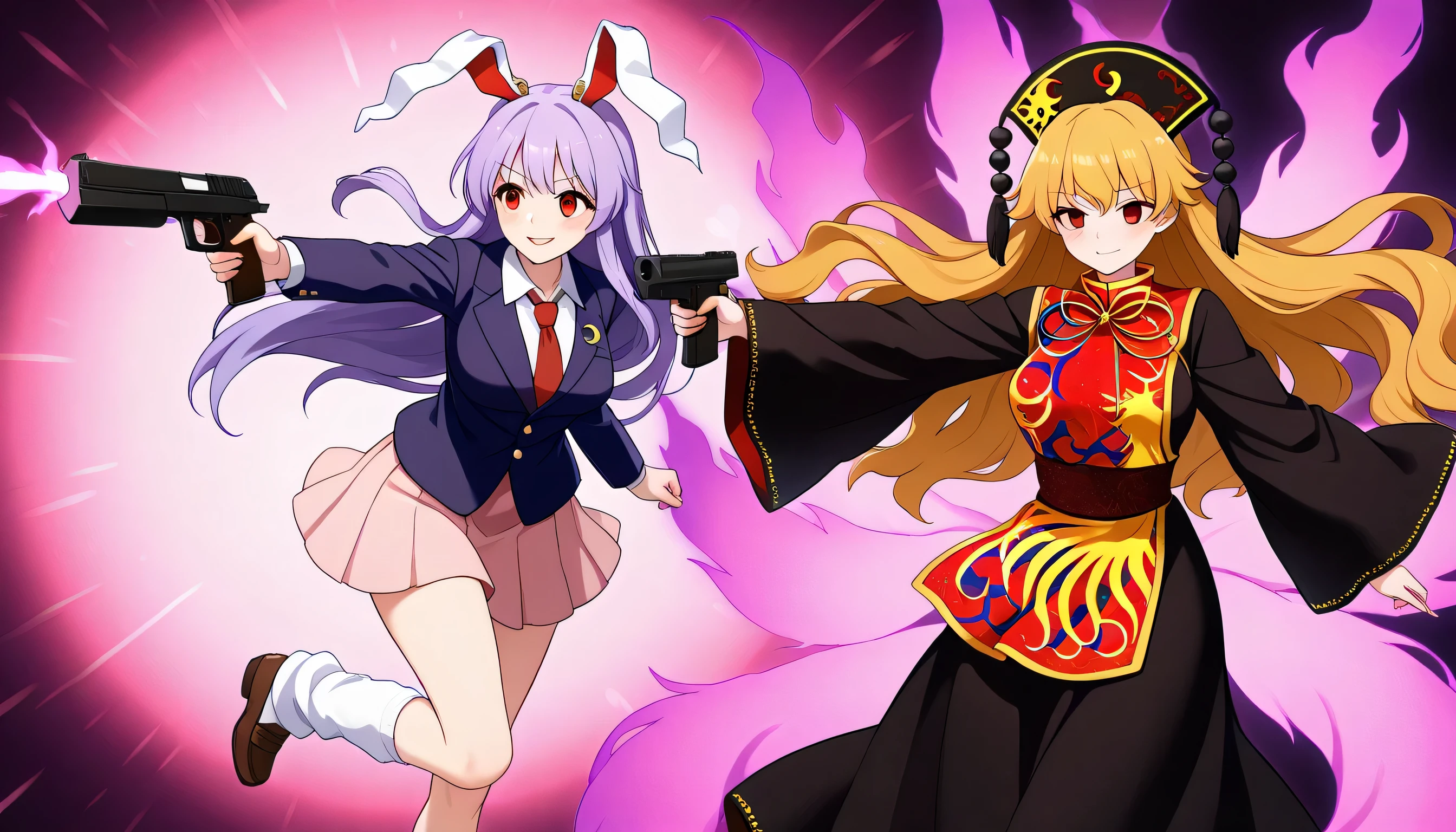 , multiple_girls, 2girls, weapon, smile, very_long_hair, holding gun, breasts, Aimed at the head, vs gun,reisen_udongein_inaba, purple_hair, red_eyes, rabbit_ears, long_hair
white_shirt, red_necktie, pink_skirt, loose_socks, loafers, blazer,JUNKO \(TOUHOU\), BLONDE HAIR, RED EYES,SPECTRAL TAILS Multiple tails” or “purple flames,milf,Older woman,PHOENIX CROWN,long hair,dress,tabard, blush, long_sleeves,chinese_clothes, black_dress,pom_pom_(clothes), With clothes, long black skirt,large breast,