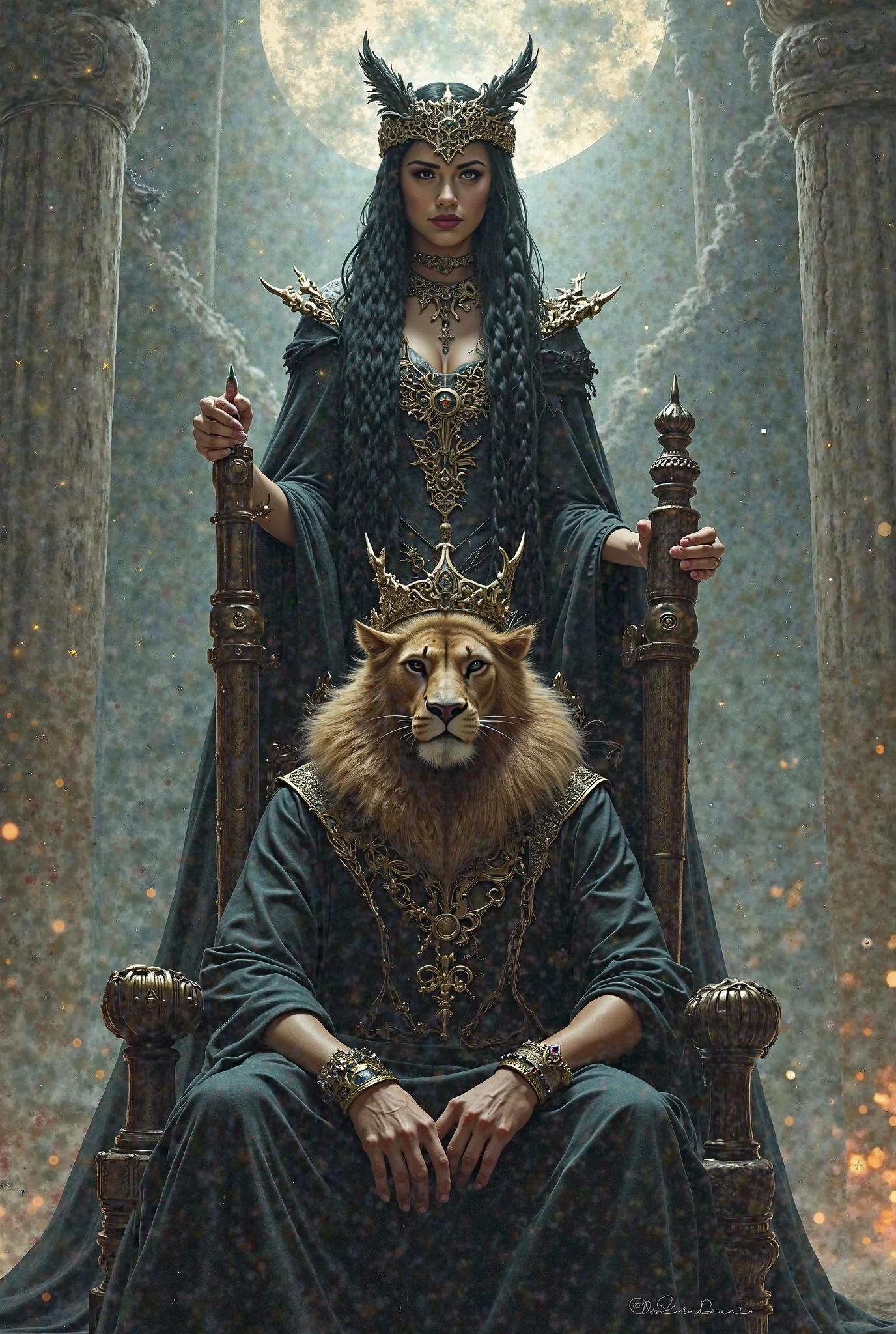 Queen magnifique avec un lion a sont coter
Avec un homme a genou a quattre patte