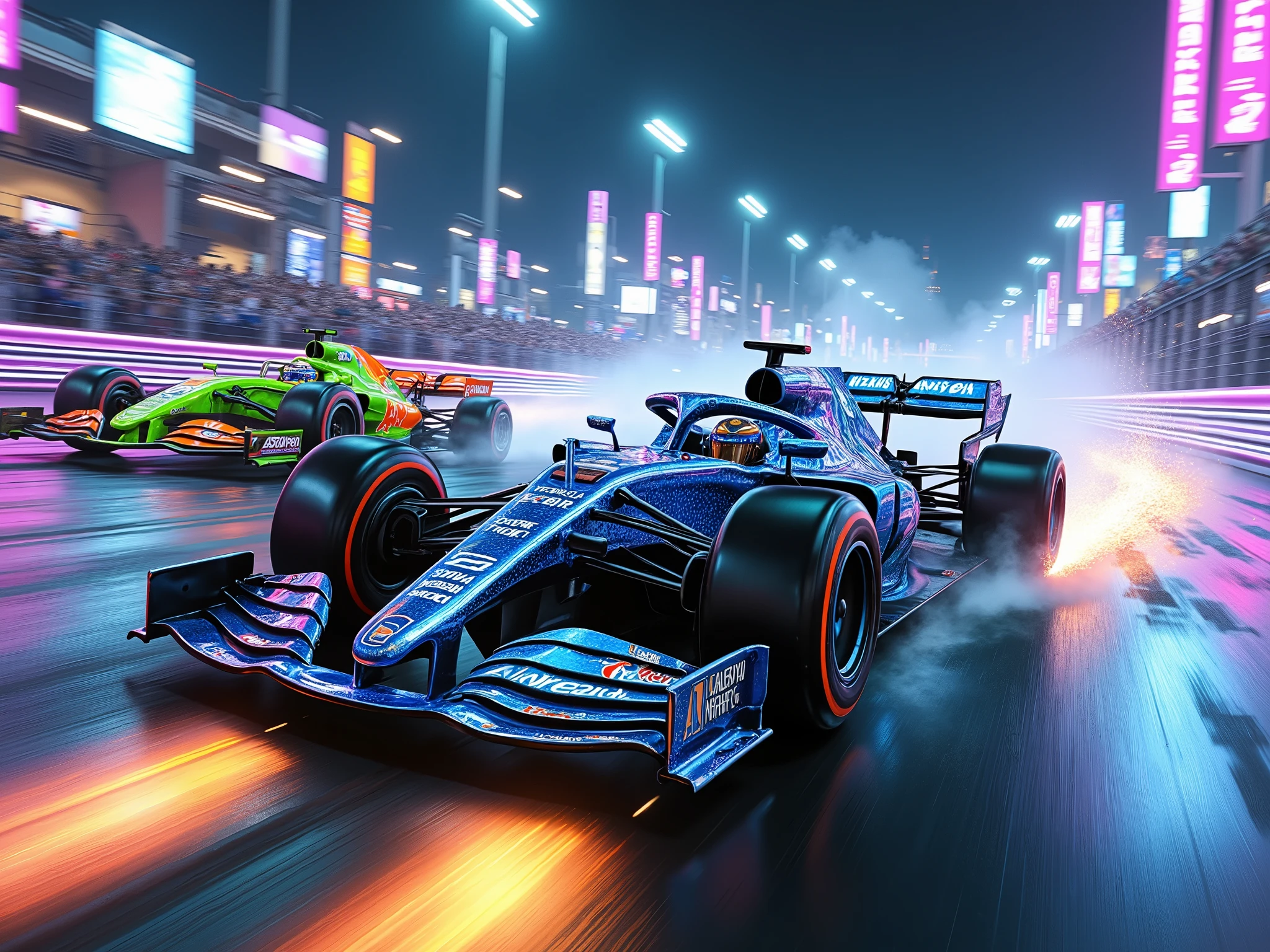 "Futuristic-style (high-octane night race:1.4), depicting an electrifying Formula 1 race under the dazzling lights of a nocturnal circuit. Two rival cars are locked in an intense battle for first place, each driver pushing their limits on the final lap of the championship.
The first car is a sleek blue chrome masterpiece, adorned with intricate sponsor logos and patterns in silver and gold (reflective details:1.3). Its glossy body glints under the floodlights as it powers through the corner with precision and raw speed. The second car is a bold lime green racer, featuring striking orange sponsor logos and chrome silver accents (dynamic design:1.3). The car blurs past the camera, leaving a vivid streak of neon green and orange in its wake.
The track is alive with motion, illuminated by vibrant neon lights and a roaring crowd in the background (adrenaline-charged atmosphere:1.2). Sparks fly as the cars scrape dangerously close to the barriers, while tire marks on the asphalt tell the story of an unforgiving battle. (Atmospheric details:1.3) include reflections of the city skyline shimmering in the sleek bodies of the cars, glowing exhaust trails, and the raw intensity of engines roaring under the night sky. The scene captures the heart-stopping climax of the grand prix, embodying speed, competition, and unrelenting determination.
Style: hyper-detailed, vibrant neon lighting, cinematic motion blur, bold contrasts, and an atmosphere teeming with energy and adrenaline."