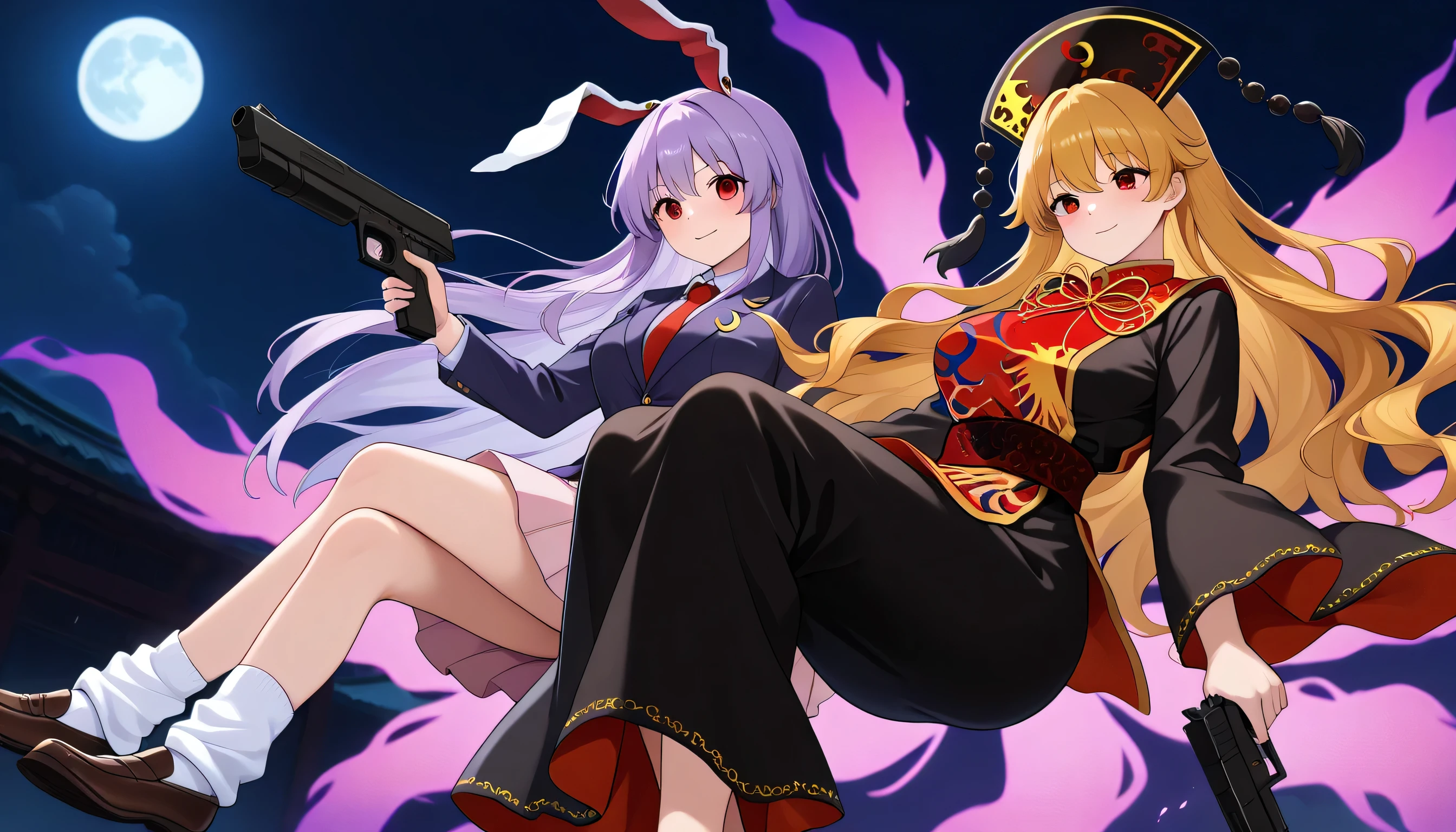 , multiple_girls, 2girls, weapon, smile, very_long_hair, holding gun, breasts, Noted if they were among them, vs gun,reisen_udongein_inaba, purple_hair, red_eyes, rabbit_ears, long_hair
white_shirt, red_necktie, pink_skirt, loose_socks, loafers, blazer,JUNKO \(TOUHOU\), BLONDE HAIR, RED EYES,Older woman,PHOENIX CROWN,long hair,dress,tabard, blush, long_sleeves,chinese_clothes, black_dress,pom_pom_(clothes), With clothes, long black skirt,large breast,moon, night