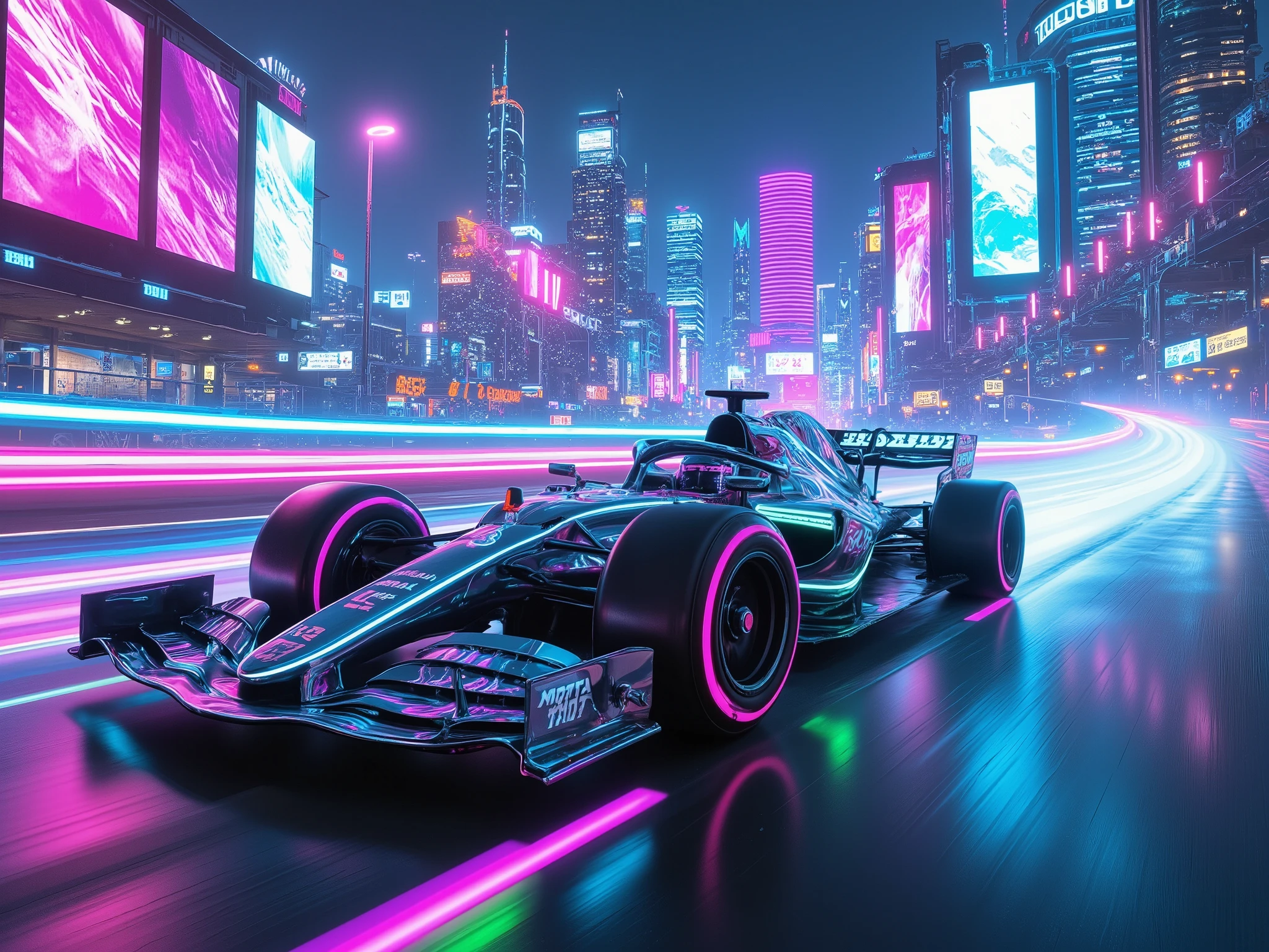 "Futuristic-style (cyber racing aesthetic:1.4), showcasing a cutting-edge Formula 1 car with a sleek, chrome-plated body that gleams under dazzling neon lights. The car features aerodynamic curves and glowing neon streaks along its edges (dynamic motion:1.3), leaving vibrant trails of blue, pink, and green as it blazes through the grid. The tires emit a subtle glow, hinting at advanced tech, while the cockpit is enclosed in a transparent dome with holographic controls. The racing track is illuminated by towering LED panels displaying shifting patterns, and a futuristic cityscape sparkles in the background with pulsating skyscrapers. Style: hyper-detailed, vibrant, cinematic lighting, and a blend of speed, technology, and electrifying energy."