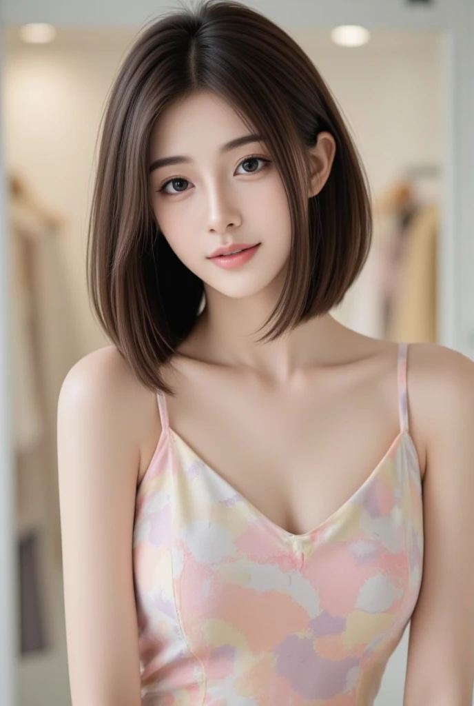 1 girl, short straight shoulder length hair, long bangs parted in half, eye details, dark brown eyeballs, natural pink lips, white skin hd quality, plain dark red t-shirt, big breasts, smiling is selfie, half body photo, dark red T-shirt, black jeans shorts, inside the house, long bangs