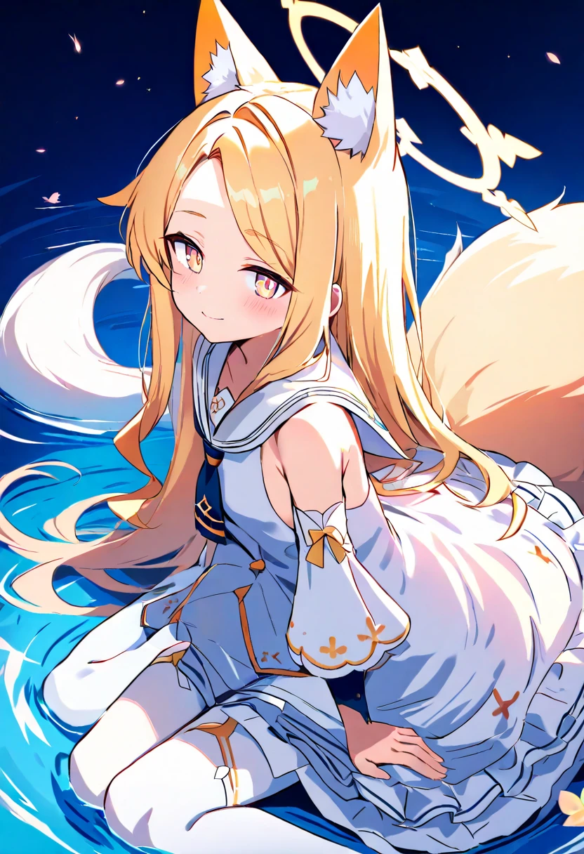 blonde long hair, blue eyes, smiling, beautiful detailed eyes, beautiful detailed lips, extremely detailed face, 1girl, animal ears, fox ears, fox tail, kitsune, white dress, cleavage, seductive pose, digital painting, highly detailed, intricate details, cinematic lighting, vibrant colors, Anime, 8k, best quality, (masterpiece:1.2)