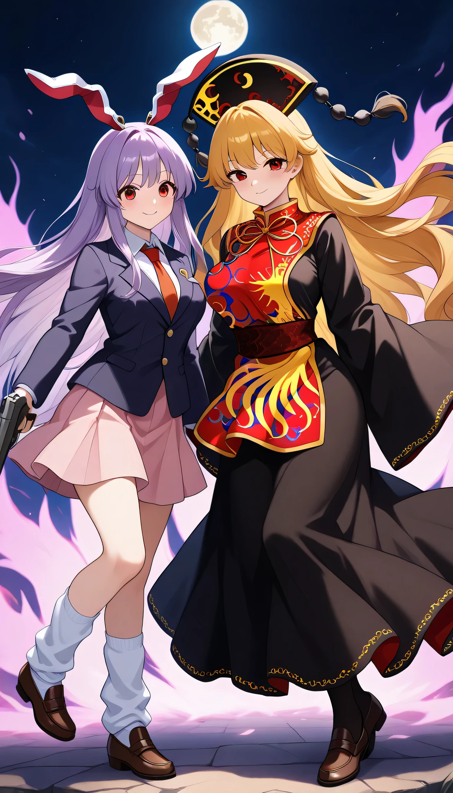 , multiple_girls, 2girls, weapon, smile, very_long_hair, holding gun, breasts, Noted if they were among them, vs gun,reisen_udongein_inaba, purple_hair, red_eyes, rabbit_ears, long_hair
white_shirt, red_necktie, pink_skirt, loose_socks, loafers, blazer,JUNKO \(TOUHOU\), BLONDE HAIR, RED EYES,Older woman,PHOENIX CROWN,long hair,dress,tabard, blush, long_sleeves,chinese_clothes, black_dress,pom_pom_(clothes), With clothes, long black skirt,large breast,moon, night