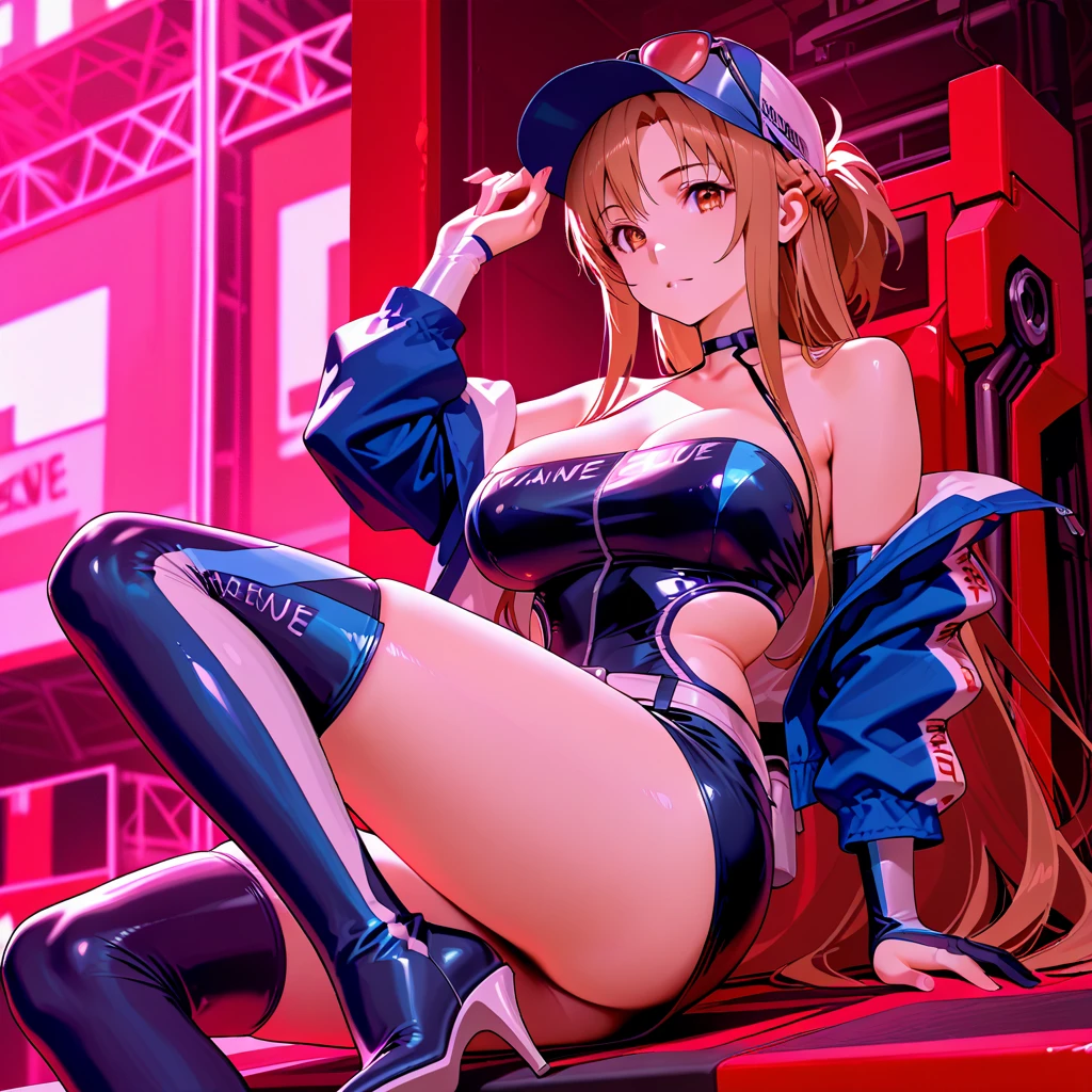 (masterpiece), best quality, expressive eyes, perfect face, front lighting, (space station background), (posing), (seductive look), (cleavage view), (1girl, Nami, 18 years old, orange hair, long hair, wavy hairstyle, brown eyes, hourglass figure, left shoulder tattoo, skinny body, thin body, petite_body, small breasts, wide hips, thick thighs), (cyber punk style, white zip-up cyber punk onepiece bodysuit, white onepiece bikini, turtle neck, sleeveless, white boots, white antenna headset),