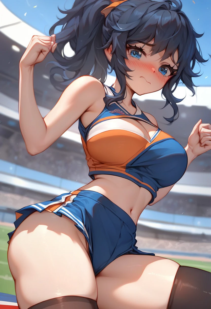 Unity 8K Wallpaper, Masterpiece, Best Quality, Ultra Detailed, Extremely Detailed CG, Ultra High Resolution, Caustics, Detailed, Beautiful Detailed Eyes, solo, (arms raised in the air, portrait:1.3, athletics stadium, feminine muscles, japanese woman:1.3, separate, bloomers ,show off belly), smile, brown eyes, dark blue hair, short hair,