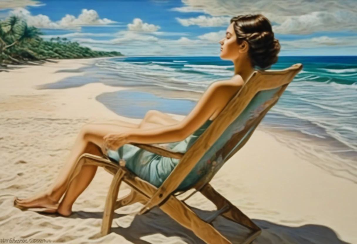 there is a woman sitting in a chair with a dog behind her, in a oil painting style, in style of digital painting, beautiful tan mexican woman, oil digital painting, digital oil painting, cute girl wearing tank suit, oil paint style, fully clothed. painting of sexy, digital oil on canvas, realistic bikini, digital art oil painting, in retro swimsuit