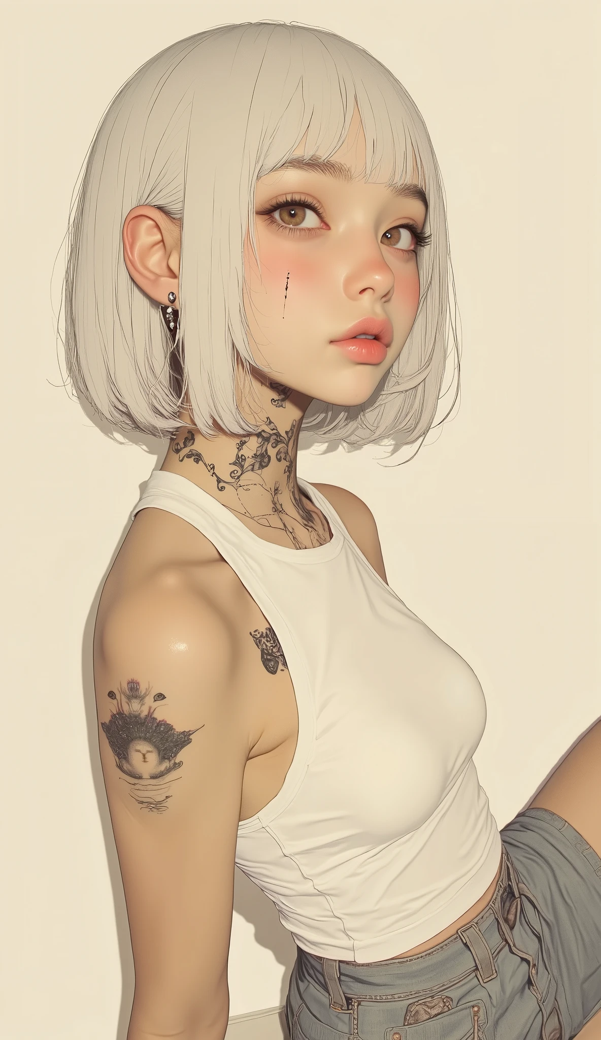 digital art, beautiful girl with a plain strapless top and a sleeve tattoo, doll style