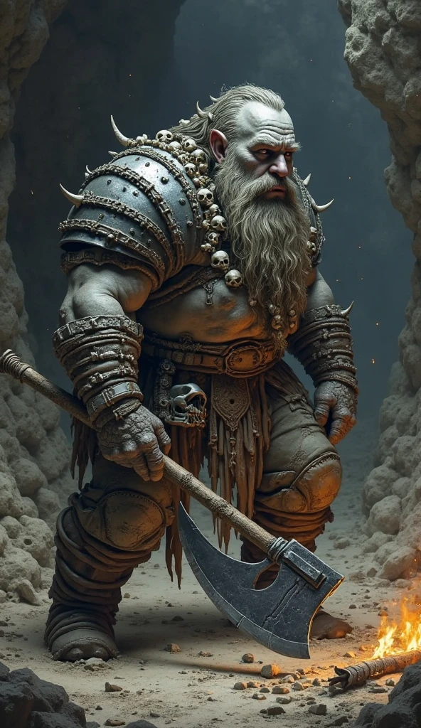 Dwarf 25 years old, tatuados, holding a giant axe with big blue hair full of scars With a raven on his shoulder