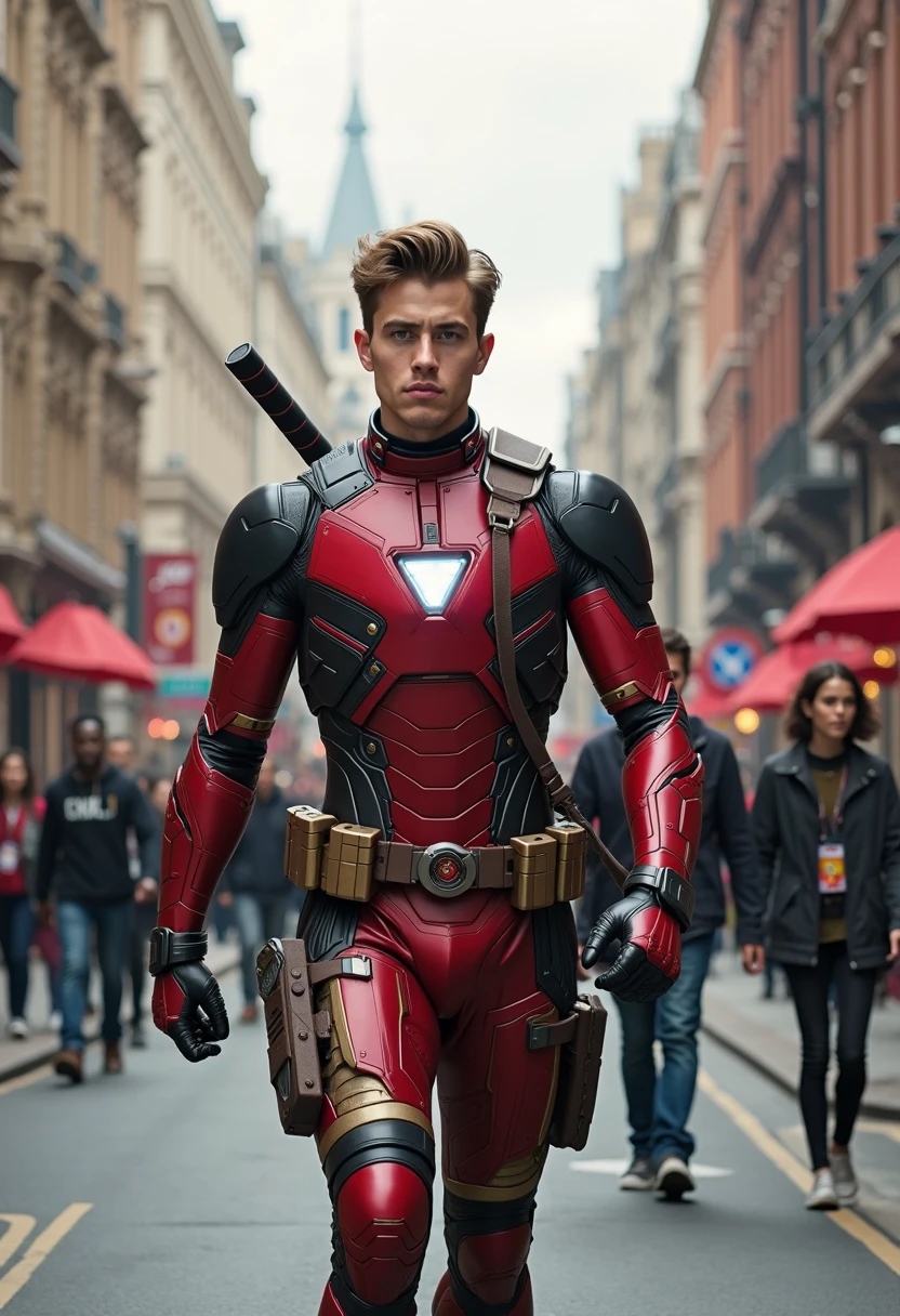 A full-body male figure Space Cobra anime, a smiling blonde guy with short, wavy hair with a dull fan in his mouth, looks like Owen Wilson, dressed in a red leotard, leaving his arms exposed and wearing colorful boots. red, he wears black wristbands on both hands, an elastic mesh suit with a black belt and a gun belt with a gunslinger-type revolver, you can see his perfect and sculptural body, captured in background blur inside a hangar with spaceships. in Leonard's style, there is a source of natural light that illuminates the interior from a window, the background is blurred, the second part in hyperrealistic style is made in a special test, by alex1shved, highly realistic, light skin, dull fan smiling, feeling of lightness and joy, hyperrealism, highly elaborate skin, direct gaze, by alex1shved