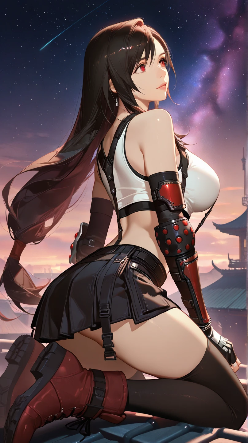 Highest quality、Highest quality、Masterpiece、girl((Age 25、as soon as、Highest Bust、Medium Bust、Wide open chest、Red glowing eyes、Black Ear、Red Mesh、Disheveled Hair、Loincloth、thin、The best valley、Open chest、Luminous Wristbands、hair ornaments、Full body view、Tank top、Black ninja costume、scar、Full body scar、Fighting Pose))、high quality、Beautiful Art、background((night、Ninja World))、flight、Flying Debris、Depth of text、movie、Visual Arts、Perfect Art、8K、Genuine、