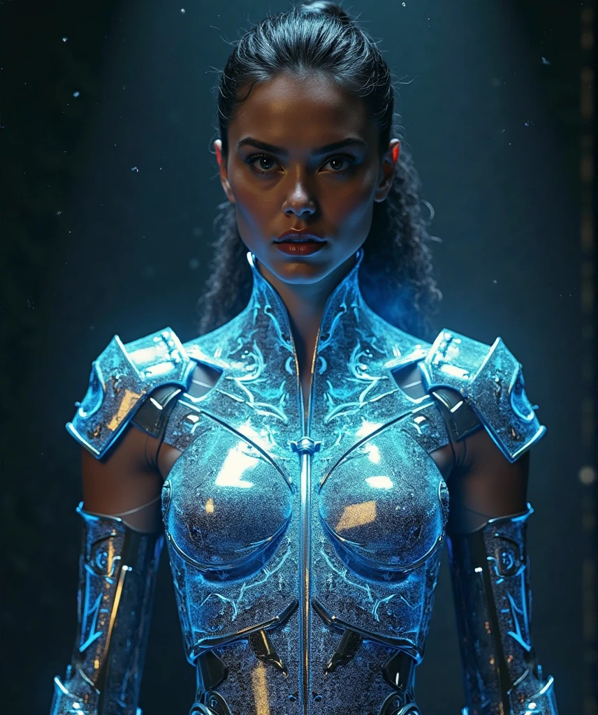 a close up of a woman with a body covered in lights, movie still of a cool cyborg, movie still of a cyborg, movie still of a villain cyborg, mermaid cyborg with a laser whip, beutiful white girl cyborg, cinematic goddess body shot, altered carbon style, movie still of aztec cyborg, cyborg fashion shot, cinematic goddess shot