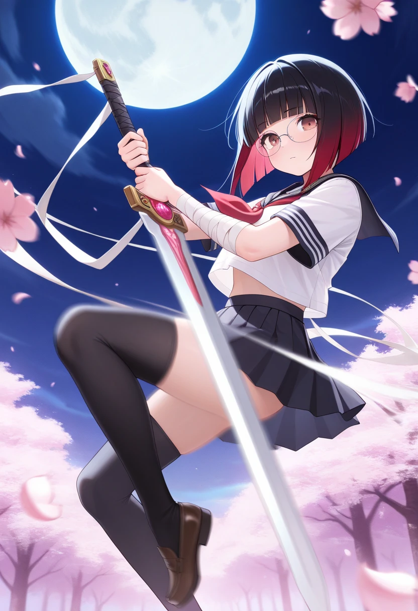 1girl in、nightcity、Great body、Great legs、Comes a cardigan over a bra、A dark-haired、Holding a weapon with blood on it、Looking at the camera、Cherry blossoms are dancing、poneyTail、Niō Standing、Holding a knife、Pointed mouth、Ordinary girl、Stick out the body、a miniskirt、