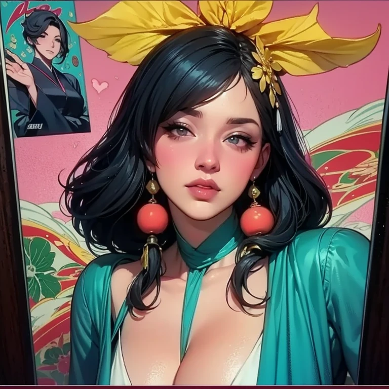 The most beautiful cherry blossom princess, absurdres, highres, ultra detailed, 1girl, solo, extremely detailed vibrant glowing blue eyes, huge enormously gigantic tits, cleavage showing, Ultra-precise depiction, Ultra-detailed depiction, (zentangle:1.2), (dynamic pose), (abstract background:1.5), cherry blossoms and butterflies blowing in the wind(beautiful detailed kimono:1.2), long platinum black hair,(shiny skin), many colors, upper body, (from above)