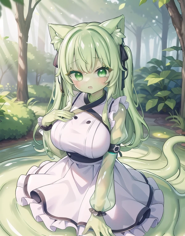Long hair with green hair、Cat's ears、Holding broccoli in one hand、sullen and angry look、Dancing gracefully、Breasts are big、apron on naked、Fountain in the park、The sunlight is dazzling、The rainbow bridge is in the sky、Leaves flutter、Broccoli field in the park