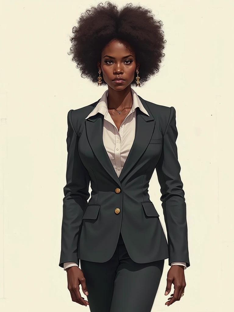 Female body and black skin. Navy blue blazer with yellow details on the collar and pockets. Short flared skirt with green and yellow gradient. elegant set