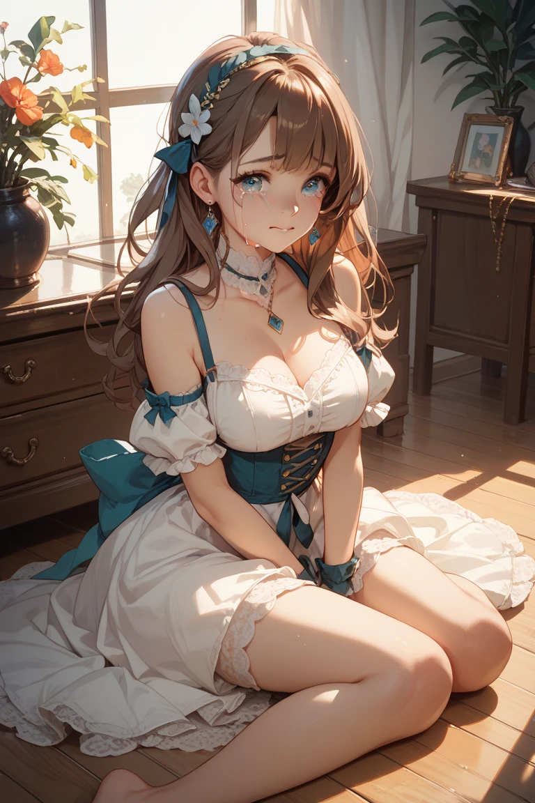 (high quality,masterpiece,4k,8k,16k),cute girl,bust,medium chest,lolita dress,smooth skin,silky hair,vibrant colors,dreamy lighting,shiny girden,subtle details,intense gaze,revealing expression,porcelain-like complexion,graceful pose,gentle atmosphere,pure innocence,natural beauty,sublime aesthetics