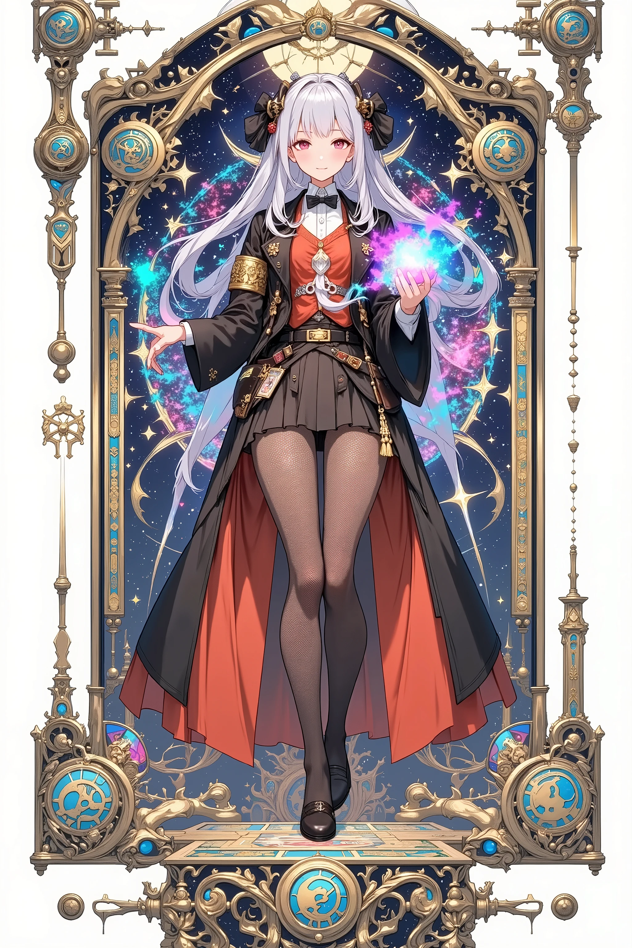 tarot card style、Wear an aura like a pale aurora、Wear an aura like a pale aurora that makes a ball made by magic light up in your right hand、 Wizard Outfit、The Wizard of Darkness、Dark Magic、An overall dark and meaningful work、red eyes