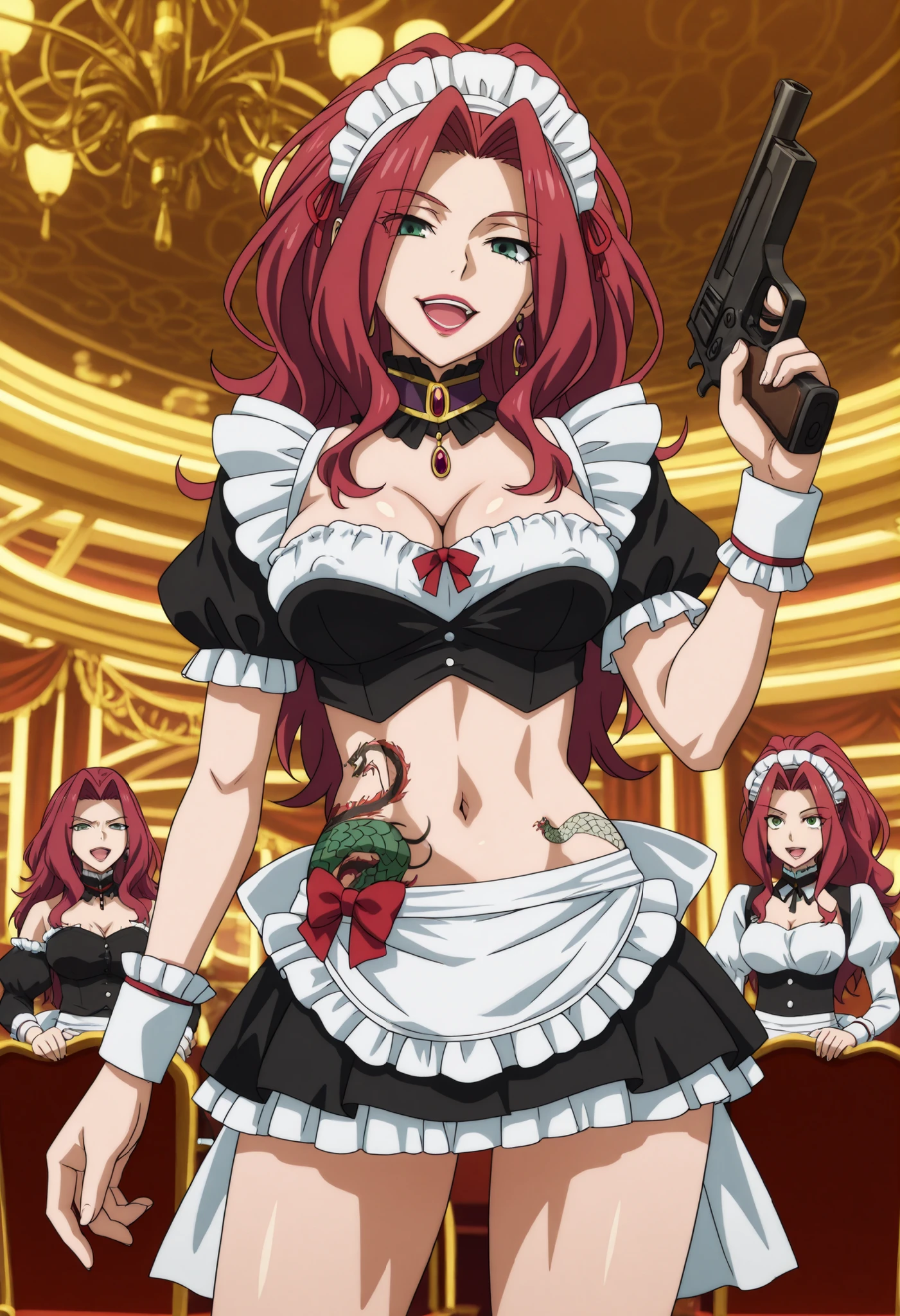 Malty Melromarc (The Rising of the Shiel) beautiful body,athletic body, beautiful breasts, ,visible private parts , ultra detailed image, anime image ,girl, anime malty, medium Breasts, excitement, red hair, green eyes , ear piercing, long hair, lipstick,Hot girl, baddie, sensual, attractive ,jewelry, earrings, large breasts, long hair, attractive , jewelry, earrings, complex detailed background, casino environment, fancy interior environment,
rich interior, masterpiece, best quality, highly detailed, a girl in maid uniforms, holding pistol, maid
outfit, cleavage, evil smile, smile, open mouth ,official artwork, (nsfw) not safe for work, beautiful maid
girl, , micro skirt, exposed belly, exposed navel, exposed midriff, exposed lower belly, holding a gun,,, dragon tattoo , narrowed eyes , tattoo midriff ,, nipple slip,