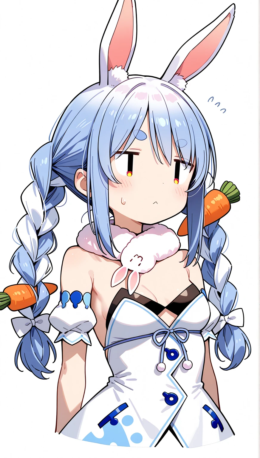 1girl,10s,smile,long hair,white hair,ahoge,lamia tail,white lamia tail,(white background),pointy ears,sleeveless,white shirt,(little cleavage),shy,blush,eating a bread,portrait