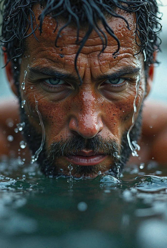 the man is drowning under the water and screaming. The camera shows the man's face under the water