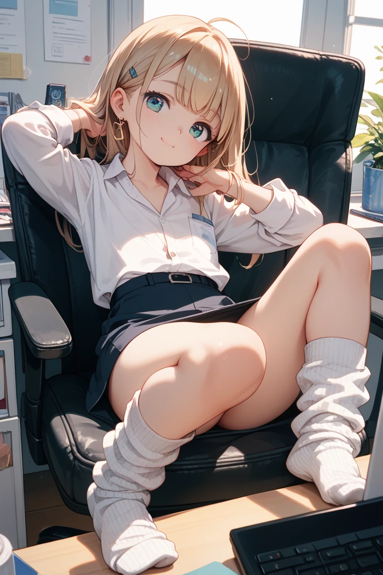 20 year old female、very pretty、OL、While working in the office、Front facing、Close-up、squatting in the hallway、picking up dropped documents、(official art、highest quality、unity 8k wallpaper、32K、masterpiece、Super detailed、ultra high resolution、realistic、Photoreal:1.2)、(cinematic lighting:1.2)、best shadow、rim lighting、side light、(Highly detailed and complex 3D rendering)、computer、bright hair color、smile, white shirt、Tight Skirt、cardigan、sitting in a chair、pantyhose