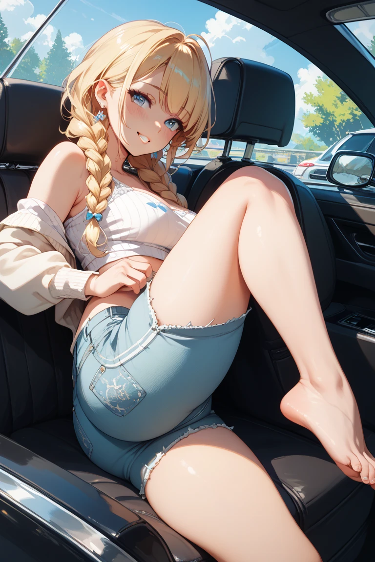 1girl, cute girl, body facing viewer, feet apart, legs apart, small butt, legs apart, bangs, long hair, thick thighs, shirt, skin tight, jeans, huge shiny pee stain, large shiny pee stain, large shiny pee spot, poop jeans, rail, pale skin, smile, eye contact, pout, beach, suspenders, pee ass, pee legs, have to poop, soiled pants, happy, poop pants, dark jeans