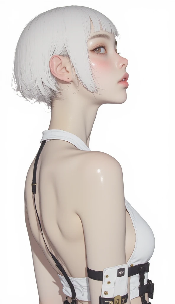 (((White Background:1.3)))、(((1 albino girl、Cute Face、pretty girl))), 16 years old,(((The eyes are white:1.3)))、White Dress、((White shirt:1.3、White Block Dress)), Tyndall effect, Realistic, Shadow Studio,ultramarine、illumination, Dual tone illumination, (Skin with attention to detail: 1.2)、薄Dark illumination、Dark illumination、 photograph, High resolution, 4K, 8k, Background Blur,Beautiful fade out、White world、White Background