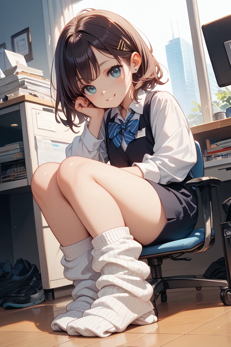 (Masterpiece, top quality, high resolution, realistic photo, realistic looking skin:1.1),
(Woman is squatting with her legs closed with both knees and thighs together:1.9),
(The woman's body is facing directly toward us and her panties are visible:1.9),
(She is resting her elbows on her knees and resting her cheekbones on her cheekbones: 1.5),
(Glimpse of panties: 1.8),
(She has a smirking smirk on her face:1.5),
(She is wearing a navy blue blazer from her high school uniform:1.5),
(She is wearing a gray mini-skirt of her high school uniform:1.5),
(She is wearing black loafers: 1.5),
(She is wearing loose socks: 1.8),
(Her panties are white simple cotton:1.5),
(She has brown hair in a short ponytail:1.5),
(Location: apartment entrance:1.5),
1 Japanese girl, solo, full bodied esbian, beautiful eyes, glowing eyes, glowing thighs, NSFW