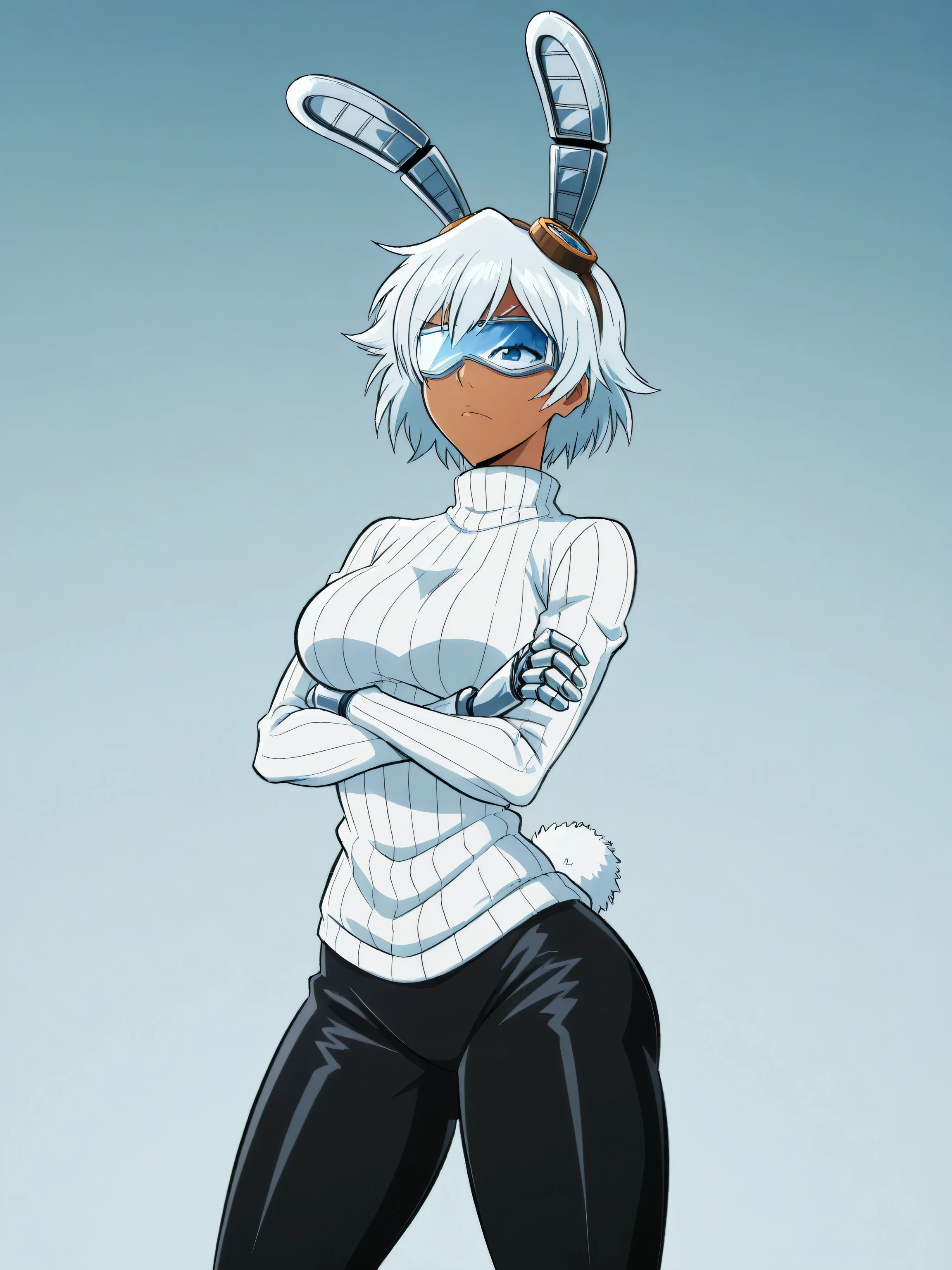 metallic ears, crossed arms, short, A sleek steampunk goggles over eyes, blue eyes, robotic hands sleek reflective metallic, His robotic mechanisms plating is a combination of highly polished silver and chrome, dark skin, front view, solo, serious face, medium ass, medium thighs, white sweater, cartoony style, solo, white rabbit ears, Black pants, medium breasts, solo, standing up, short, robotic floppy rabbit ears, medium size white hair, white rabbit tail, best quality, amazing quality, highres, absurdres, score_9, score_8_up, score_7_up,source_anime,BREAK,masterpiece