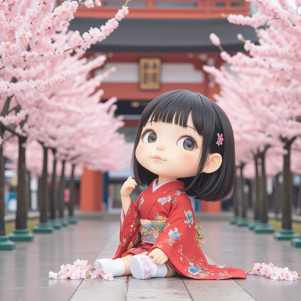 Japanese traditional dolls as ants home ,anthills,with black hair,red kimono with cherry blossoms flower,holding sun flower,upscales,variations,4k