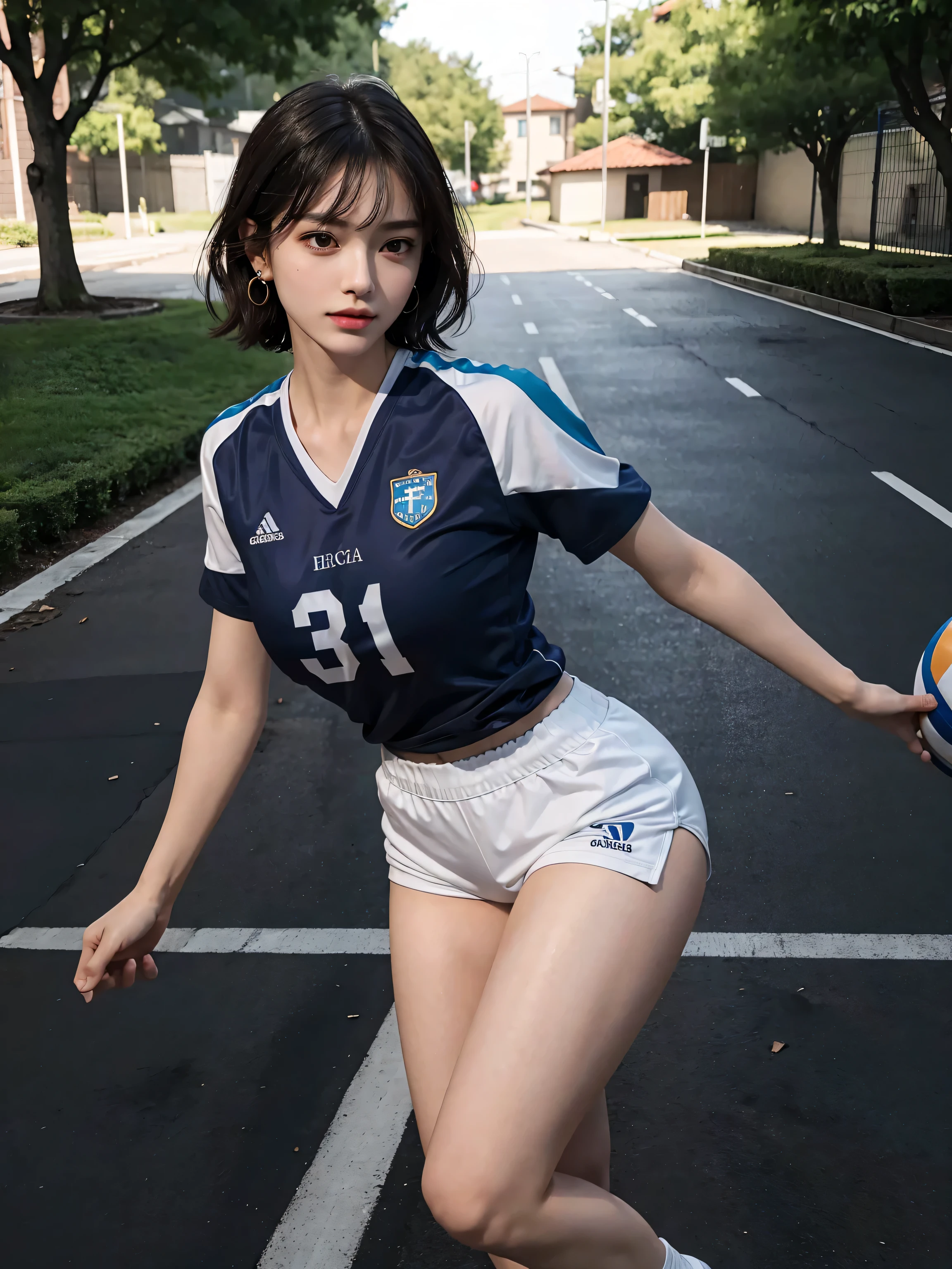 ((Top quality, 8K, Masterpiece: 1.3)), (Kneel on the floor, Open legs :1.2), Perfect body beauty: 1.4, Large_Breasts, Beautiful woman, Two women, : 1.4, Slender figure: 1.1, Toned abs, Dark brown hair, Short hair, (soccer ball, Wet body, Football uniforms: 1.1), hyperdetailed face, Detailed lips, Detailed eyes, Double eyelids, soccer court,