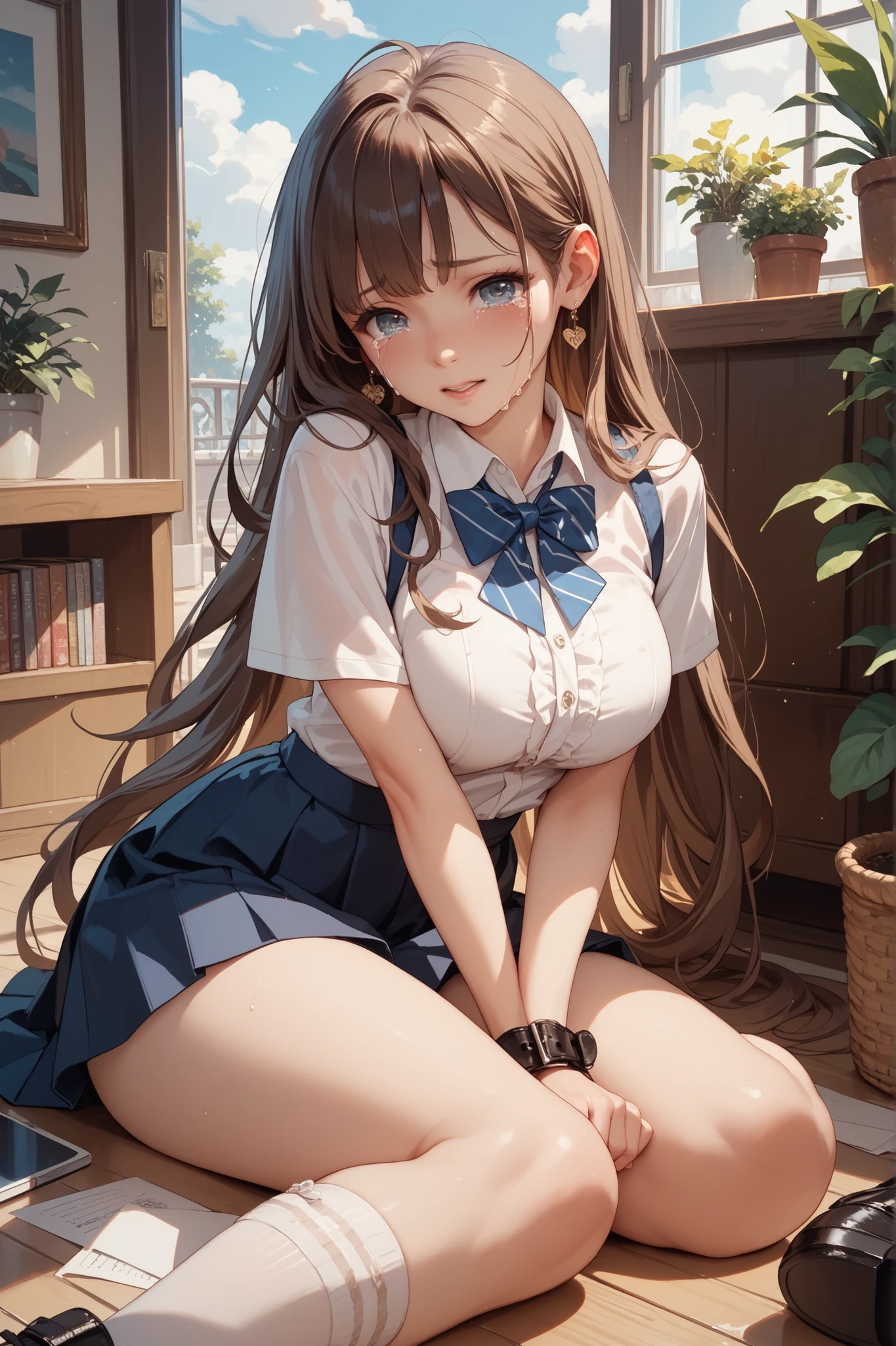 ((masterpiece,Highest quality;1.3,best illustration,realistic)),Being forced to expose your underwear、1woman、独奏,25 year old Japanese beauty,((very small head:1.3)),center parted bangs,forehead,black hair,long hair,black eyes,gorgeous eyes,tears,shy,sad,medium breasts,((very long body)),((toned body,slender body,skinny)),gleaming skin,shiny skin,oily skin,(White tank top、No sleeve、Dark blue pleated mini skirt、A rolled up skirt)、White panties、Love juice,library、Tokyo、