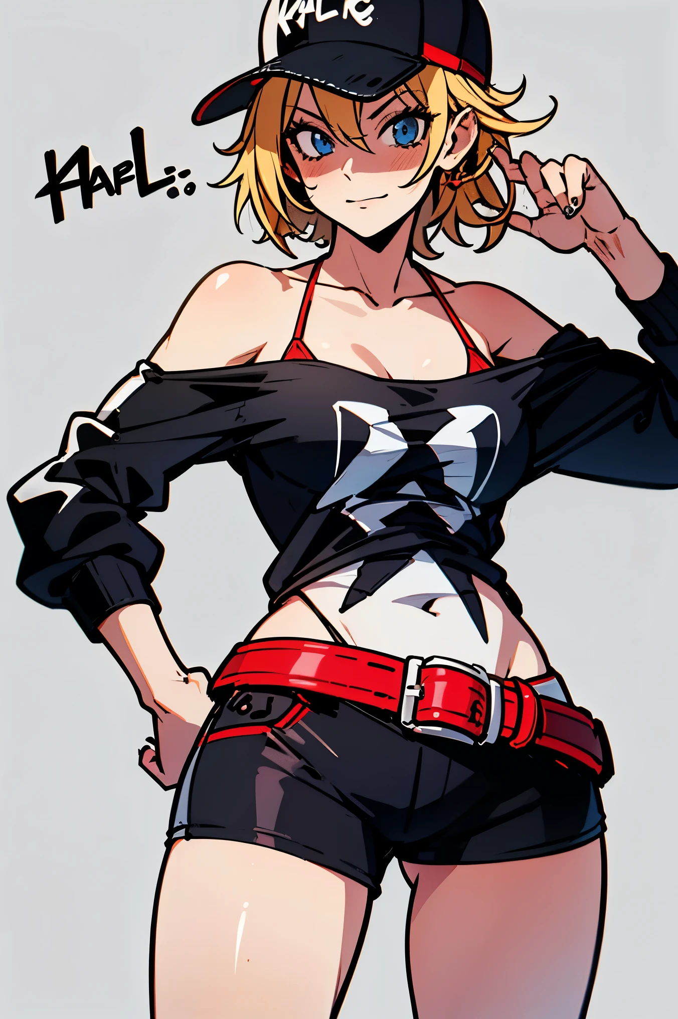 ,graffiti, minimalism, young girl, short stature, small breasts, gyaru, looking at viewer, evil smile, best quality, masterpiece, mesugaki, blonde hair, pink hair highlights, midriff,